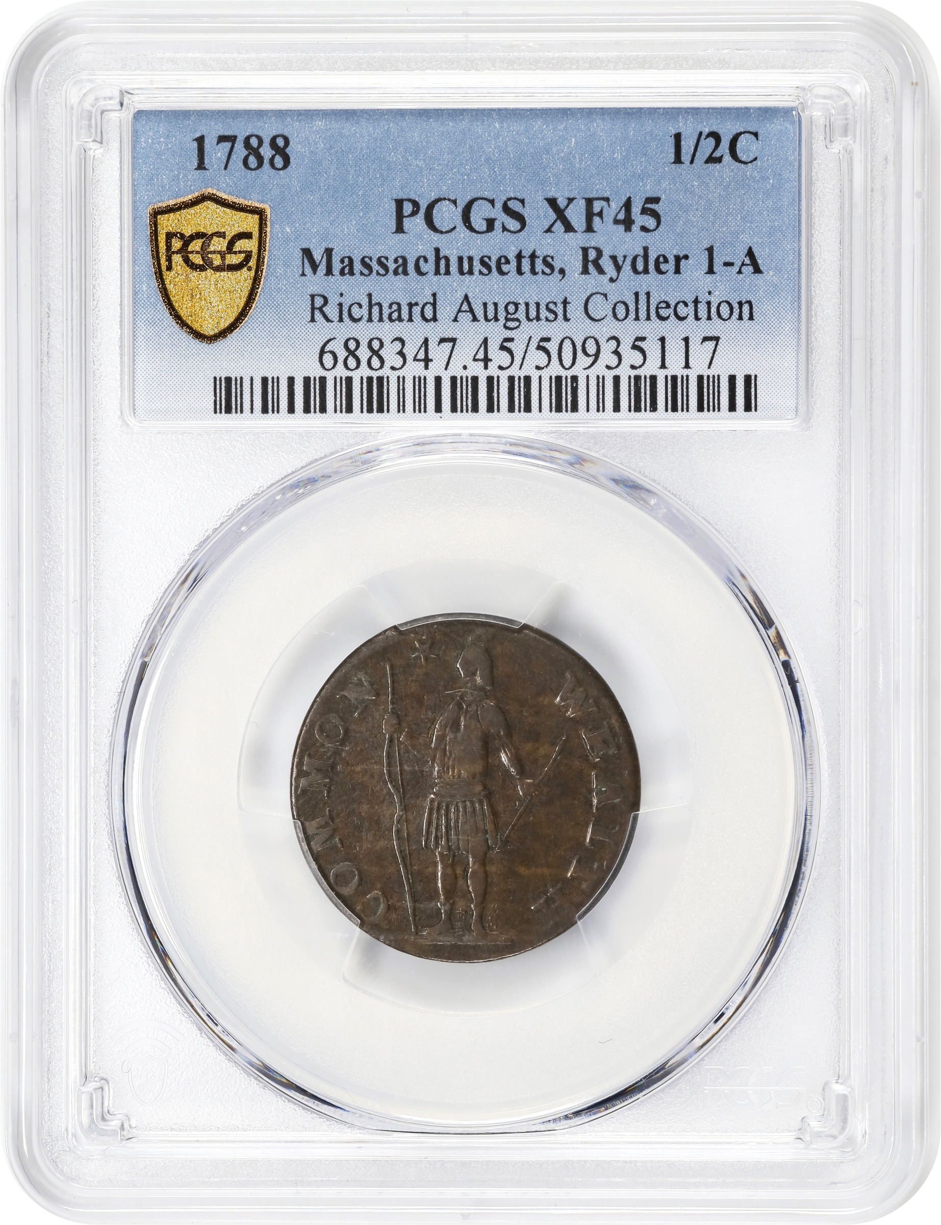 image for: 1788 Massachusetts Half Cent. Ryder 1-A, W-6000. Rarity-4+. EF-45 (PCGS).