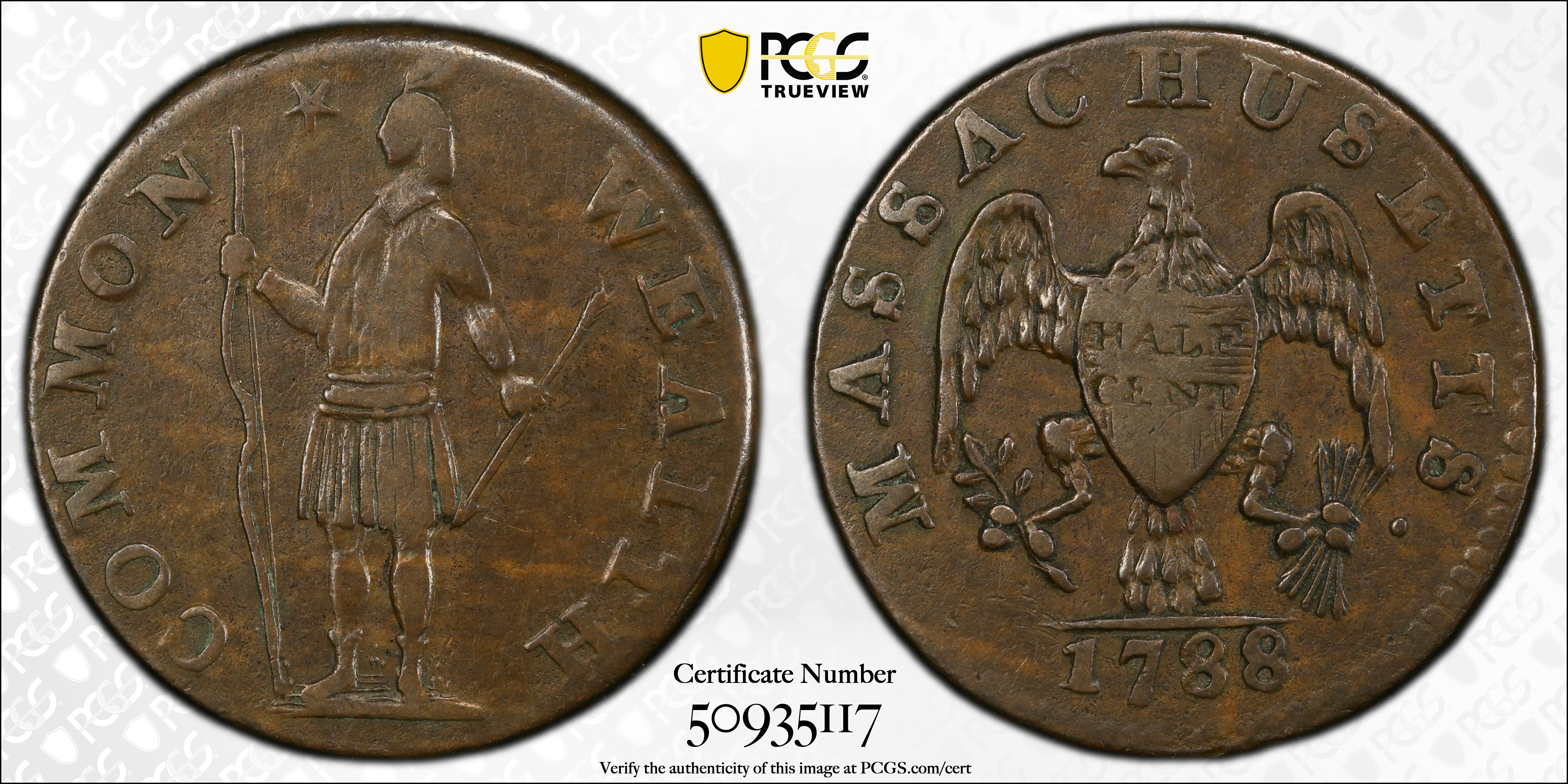 image for: 1788 Massachusetts Half Cent. Ryder 1-A, W-6000. Rarity-4+. EF-45 (PCGS).