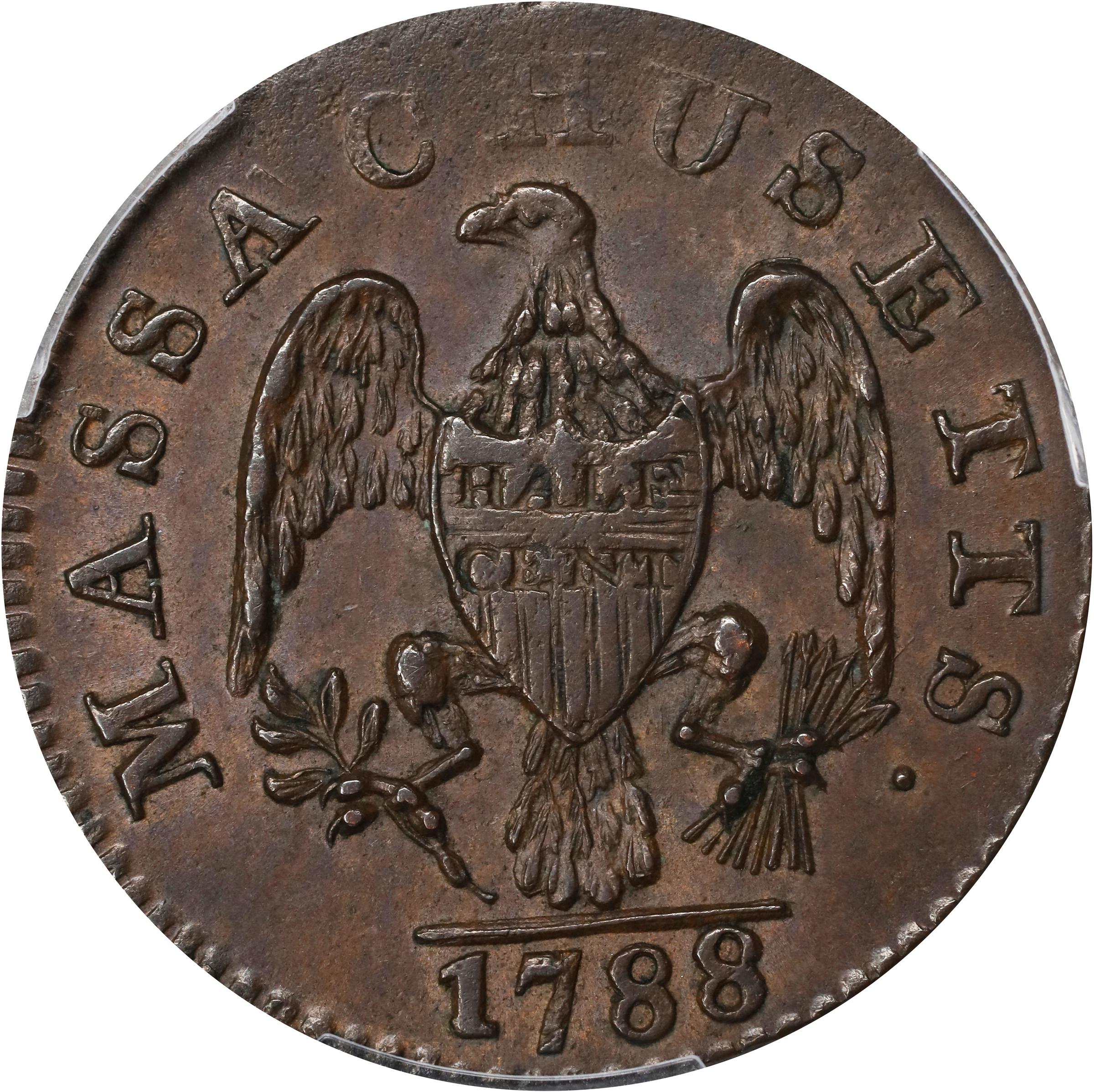 image for: 1788 Massachusetts Half Cent. Ryder 1-B, W-6010. Rarity-2. MS-64 BN (PCGS).