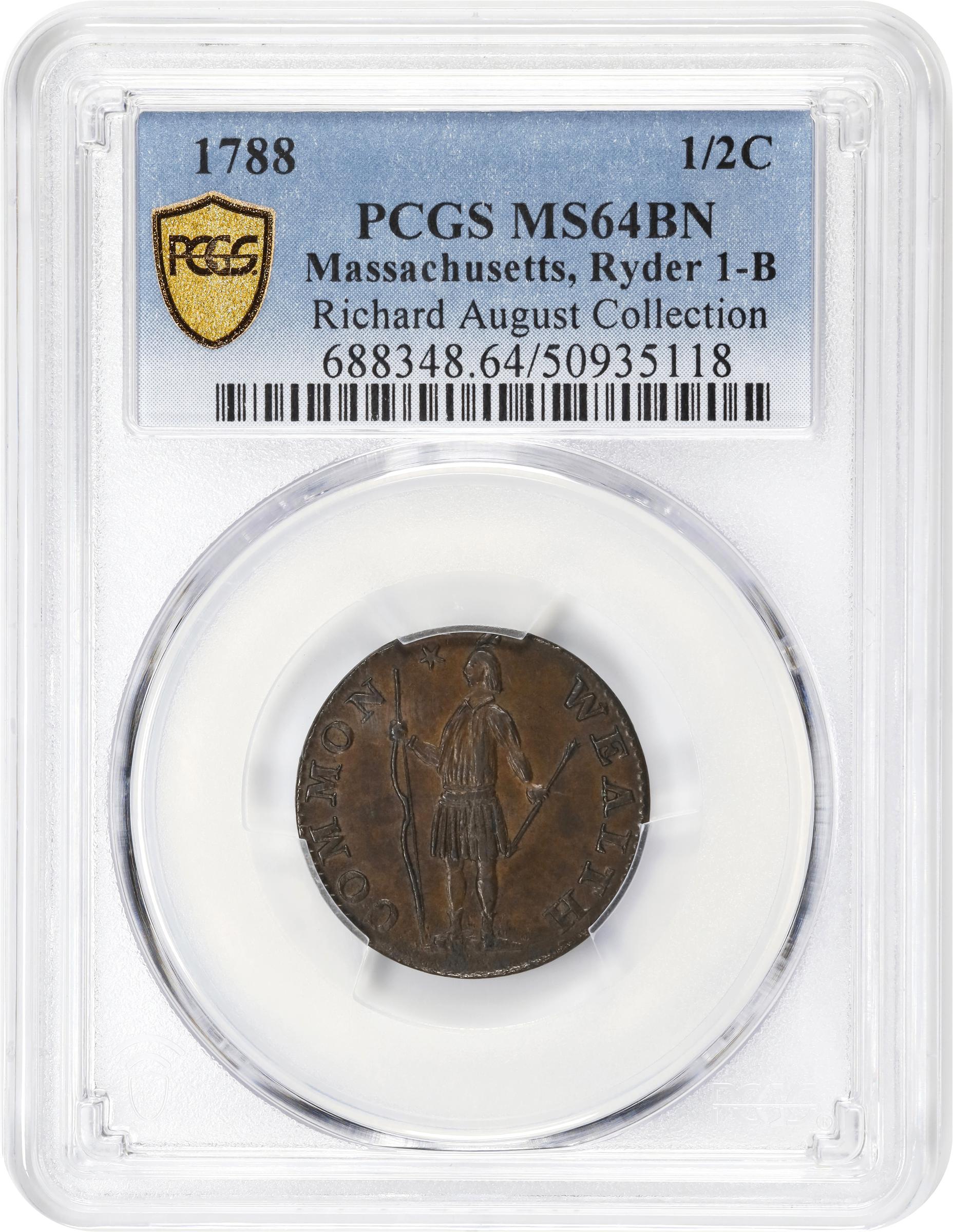 image for: 1788 Massachusetts Half Cent. Ryder 1-B, W-6010. Rarity-2. MS-64 BN (PCGS).