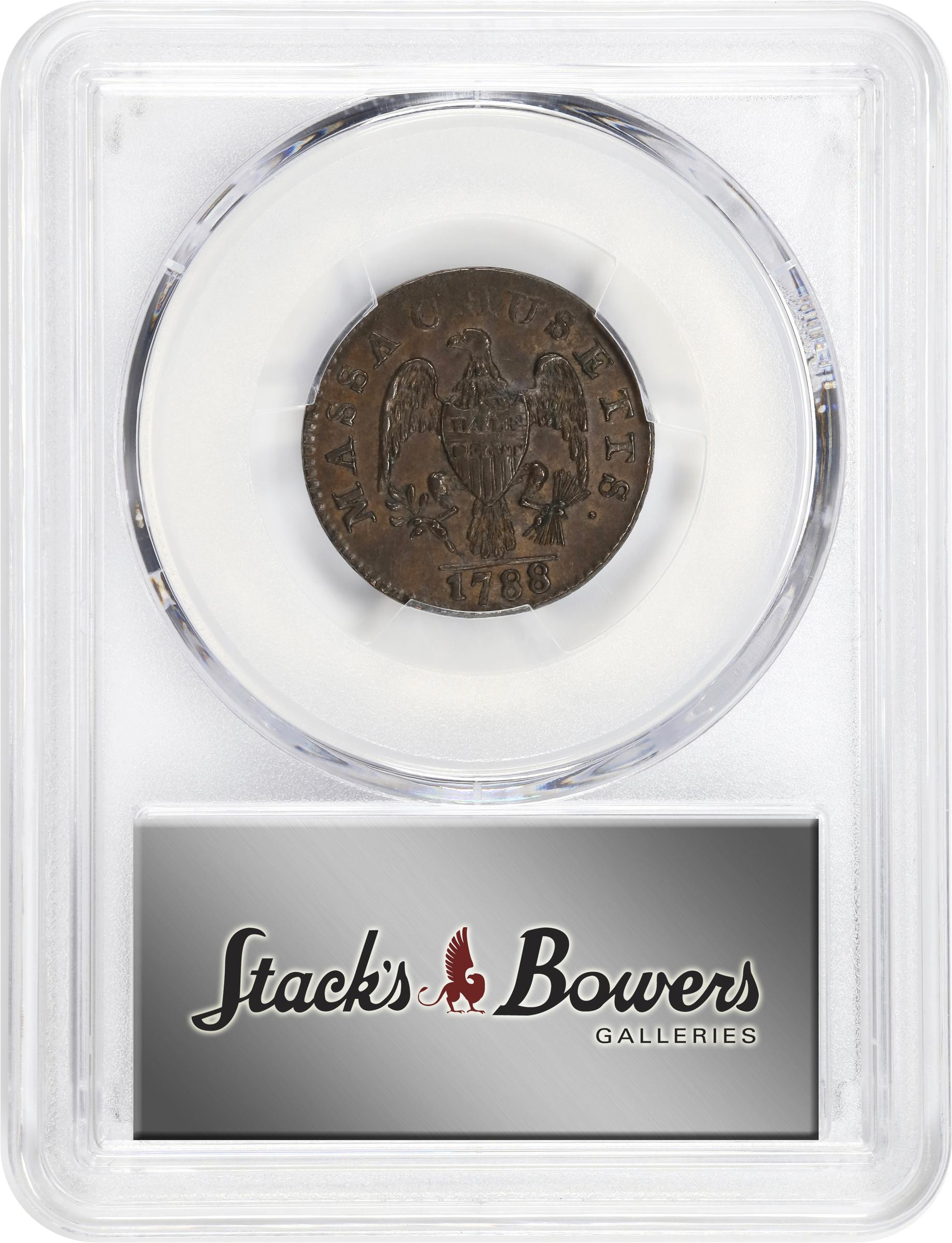 image for: 1788 Massachusetts Half Cent. Ryder 1-B, W-6010. Rarity-2. MS-64 BN (PCGS).