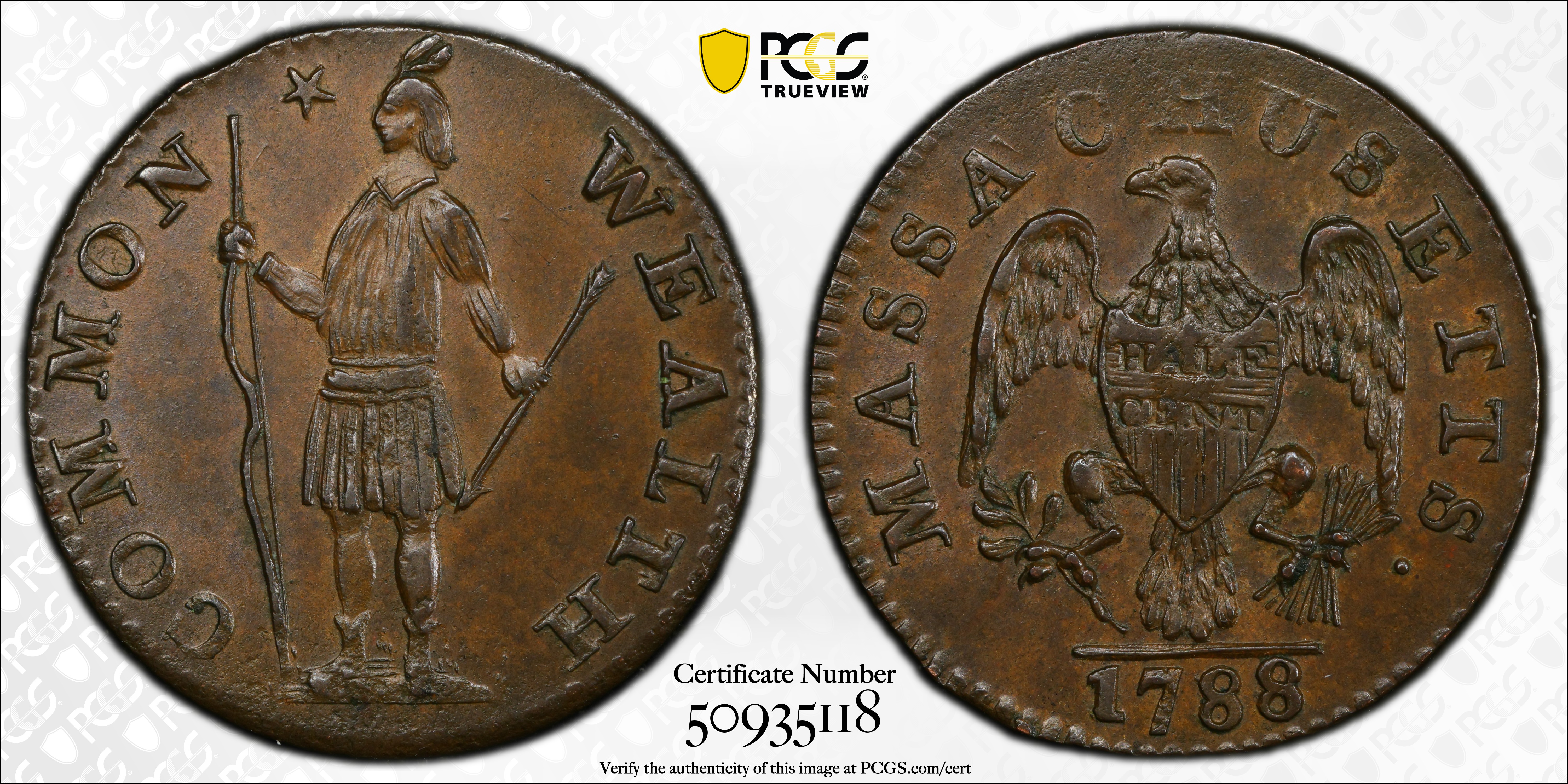 image for: 1788 Massachusetts Half Cent. Ryder 1-B, W-6010. Rarity-2. MS-64 BN (PCGS).