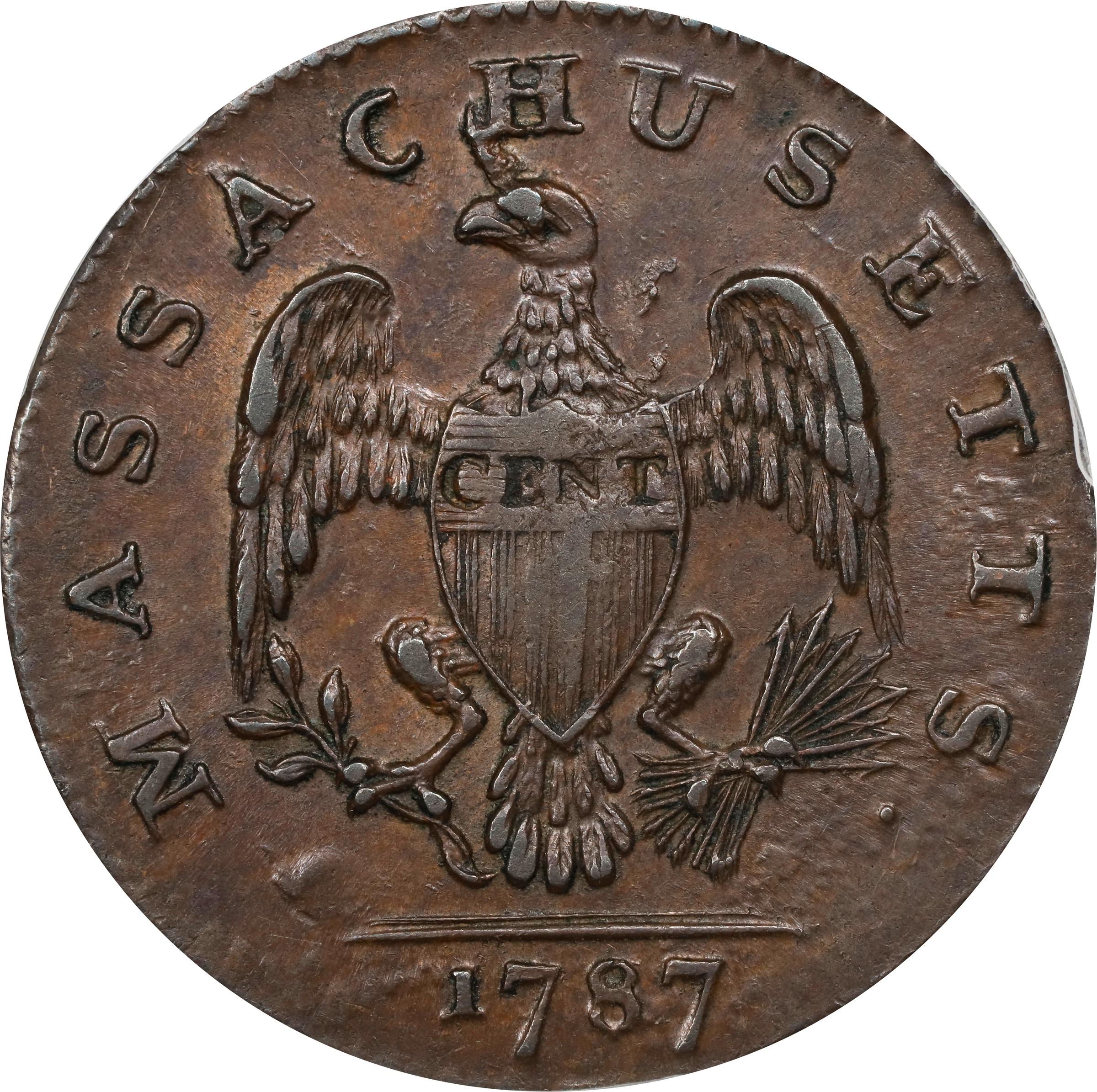image for: 1787 Massachusetts Cent. Ryder 2b-A, W-6040. Rarity-2. Arrows in Left Talon, Horned Eagle. AU-58 (PCGS).