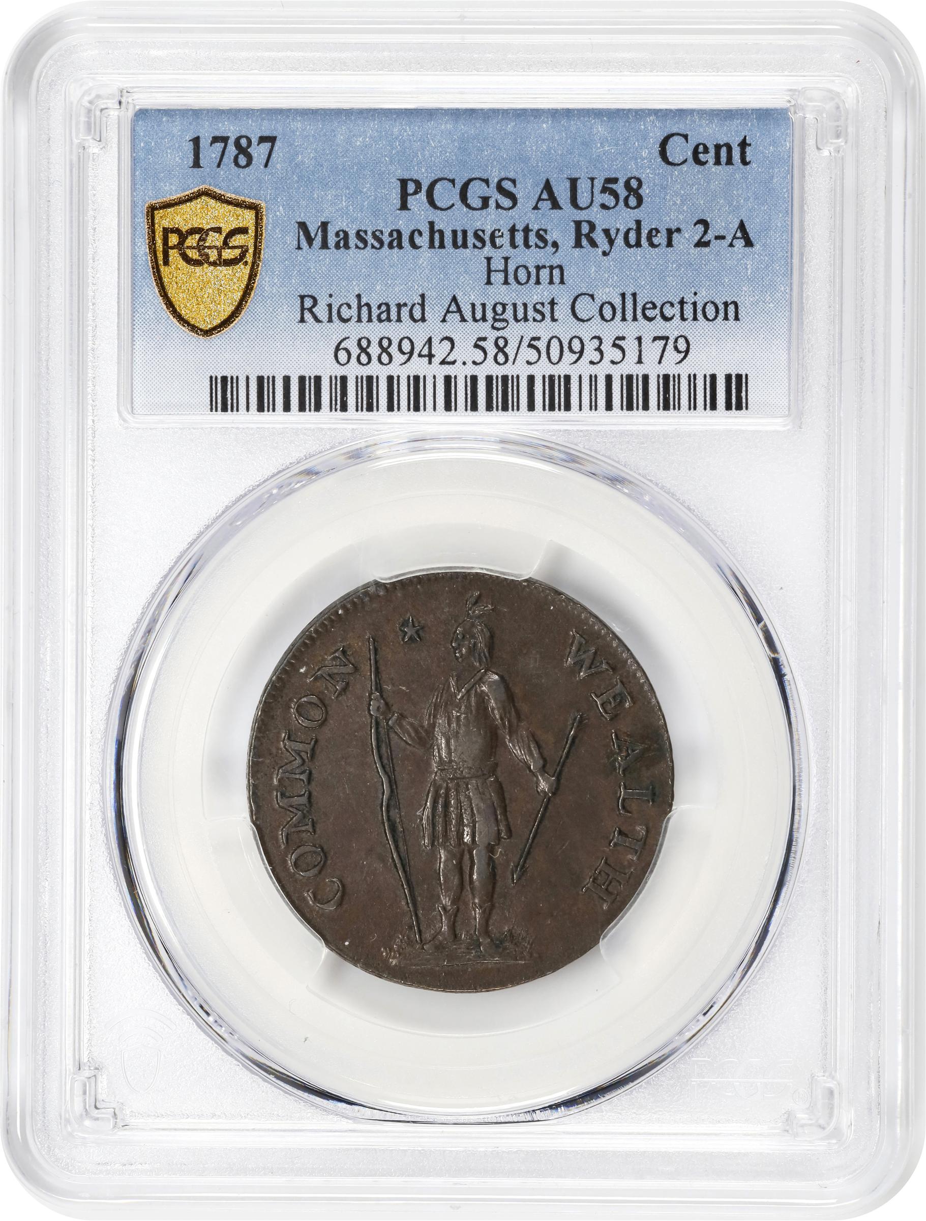 image for: 1787 Massachusetts Cent. Ryder 2b-A, W-6040. Rarity-2. Arrows in Left Talon, Horned Eagle. AU-58 (PCGS).