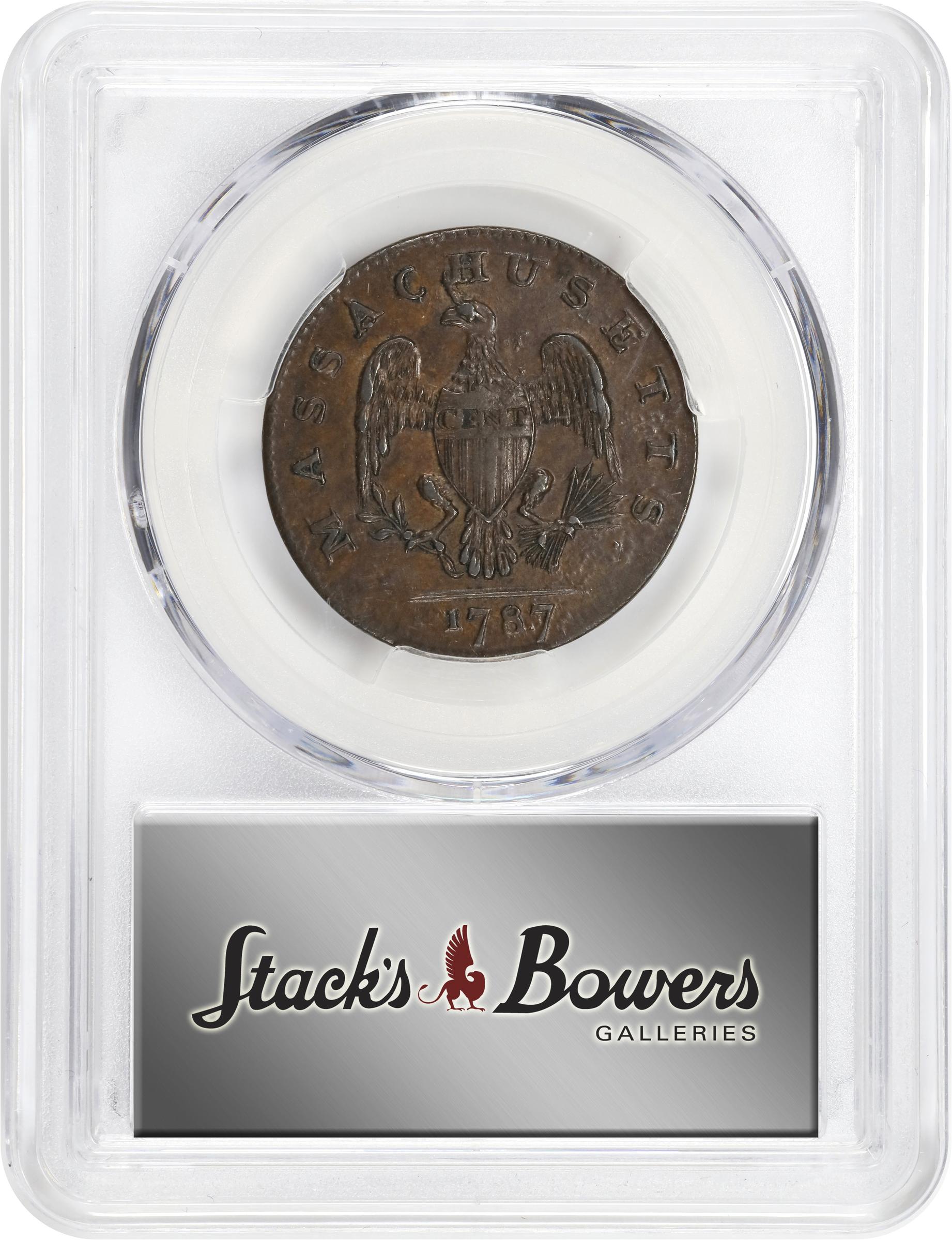 image for: 1787 Massachusetts Cent. Ryder 2b-A, W-6040. Rarity-2. Arrows in Left Talon, Horned Eagle. AU-58 (PCGS).