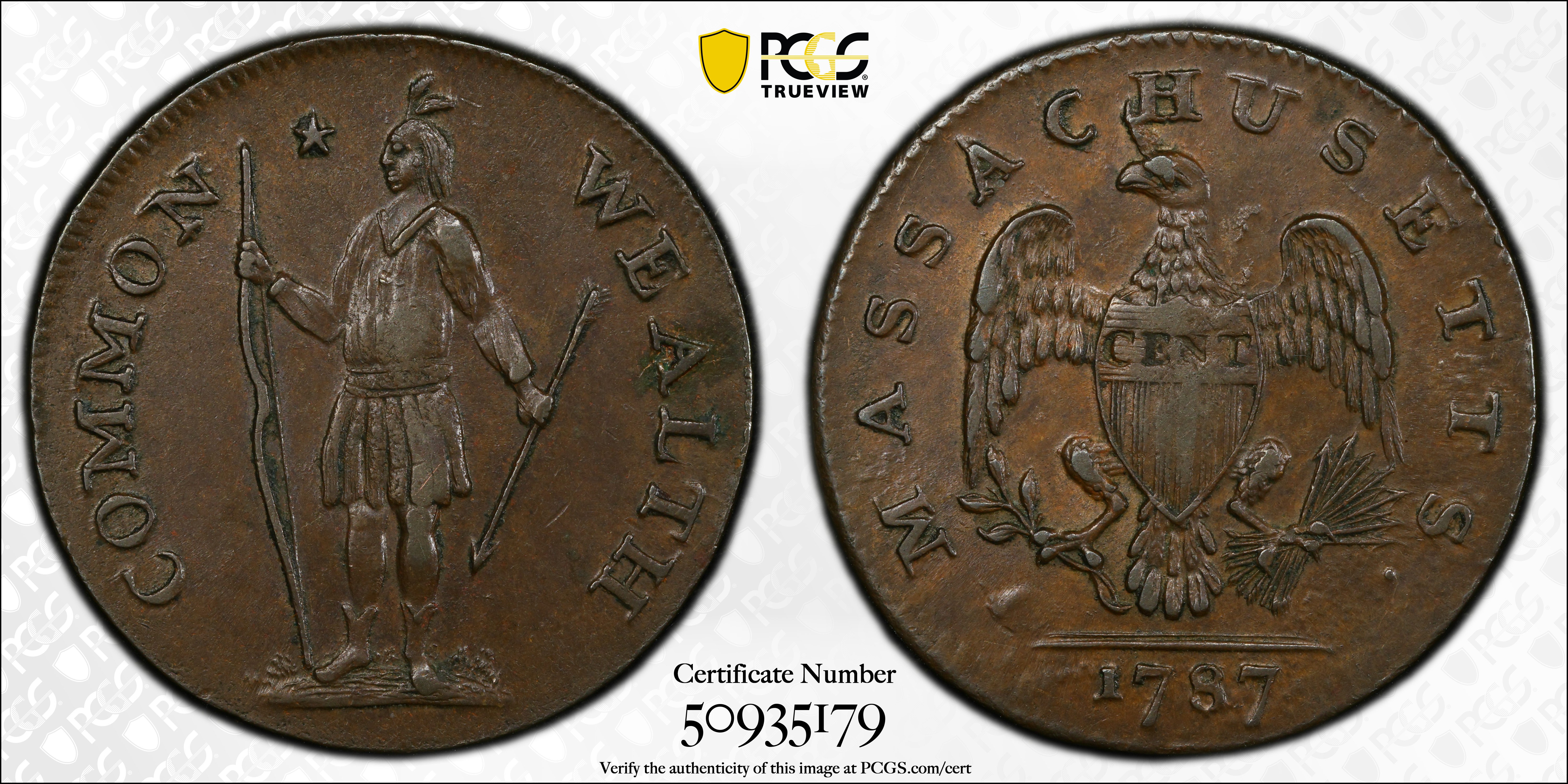 image for: 1787 Massachusetts Cent. Ryder 2b-A, W-6040. Rarity-2. Arrows in Left Talon, Horned Eagle. AU-58 (PCGS).