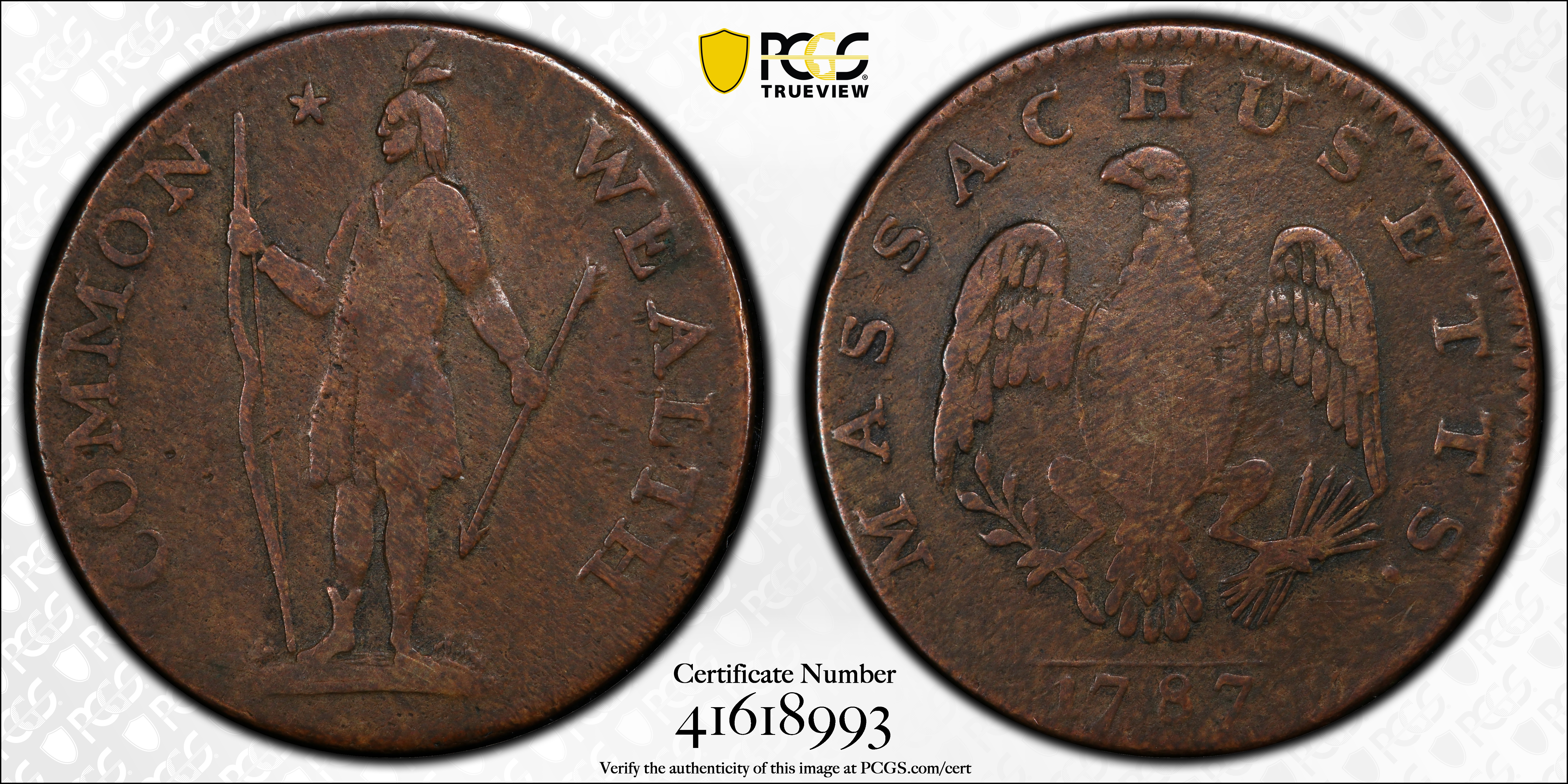 image for: 1787 Massachusetts Cent. Ryder 2b-G, W-6080. Rarity-6+. Arrows in Left Talon. Fine-15 (PCGS).