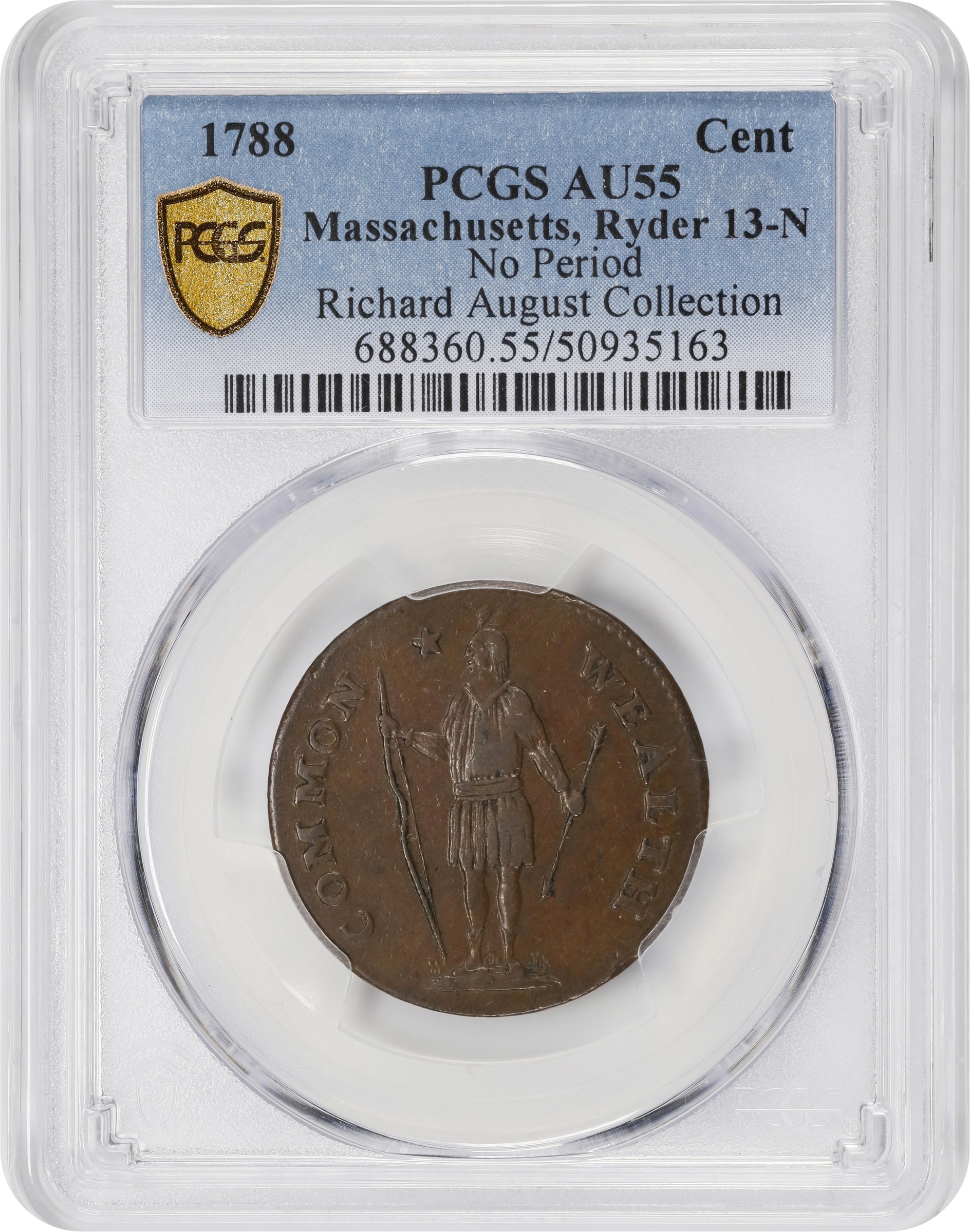 image for: 1788 Massachusetts Cent. Ryder 13-N, W-6380. Rarity-4+. No Period After MASSACHUSETTS. AU-55 (PCGS).