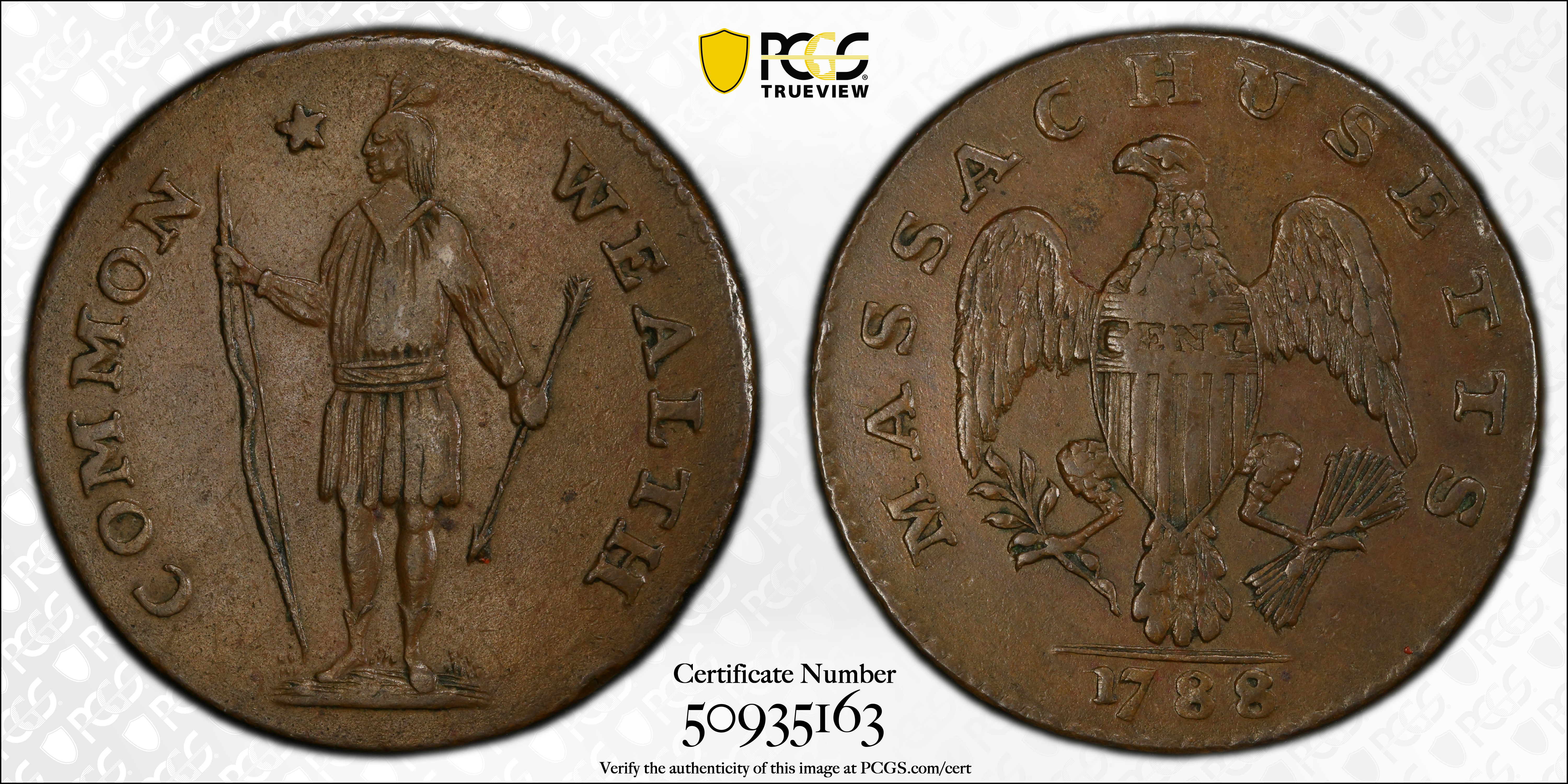 image for: 1788 Massachusetts Cent. Ryder 13-N, W-6380. Rarity-4+. No Period After MASSACHUSETTS. AU-55 (PCGS).