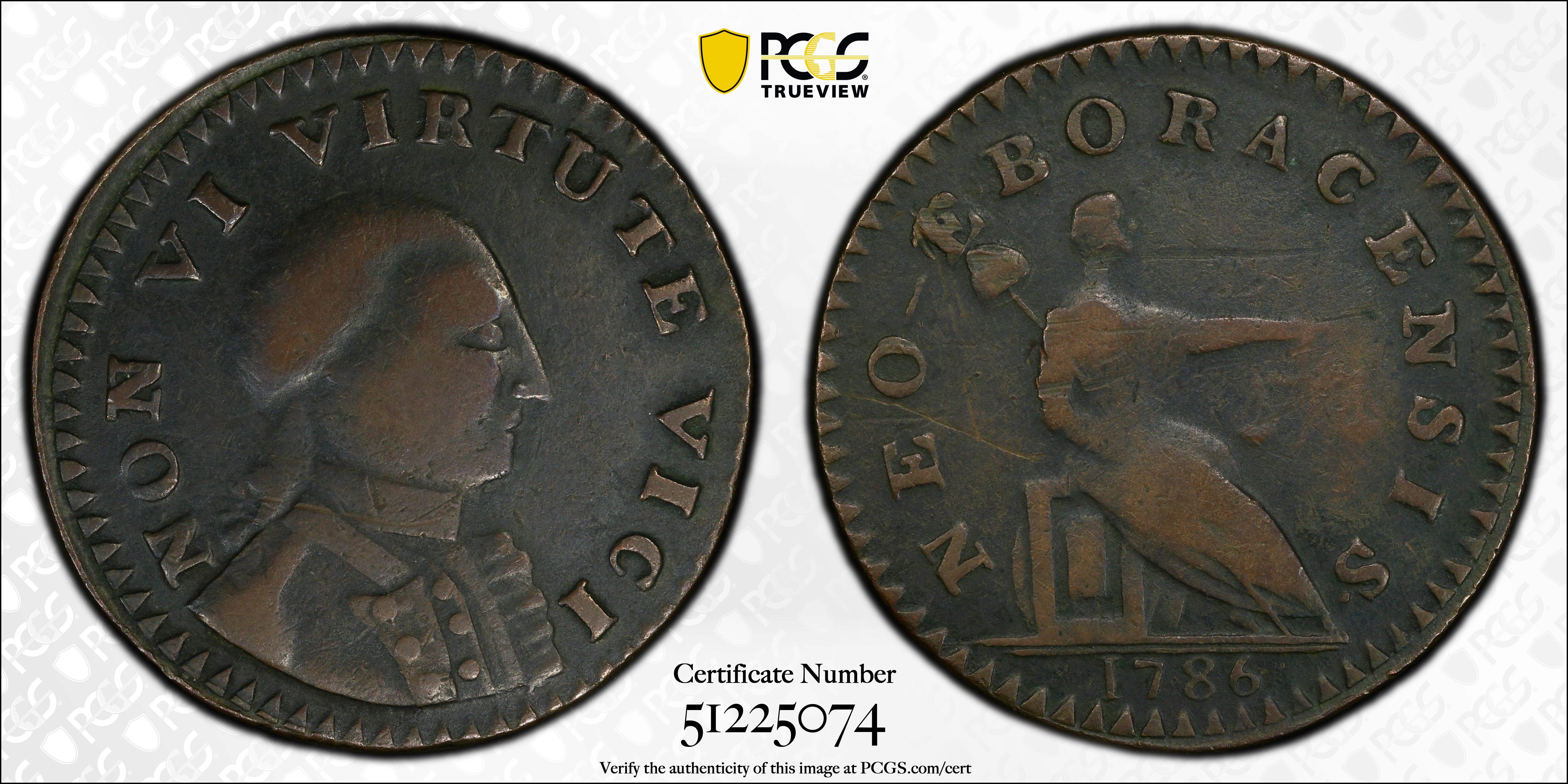 image for: 1786 Non Vi Virtute Vici Copper. Small Head. Musante GW-7, Baker-13, W-5730. VF-35 (PCGS).