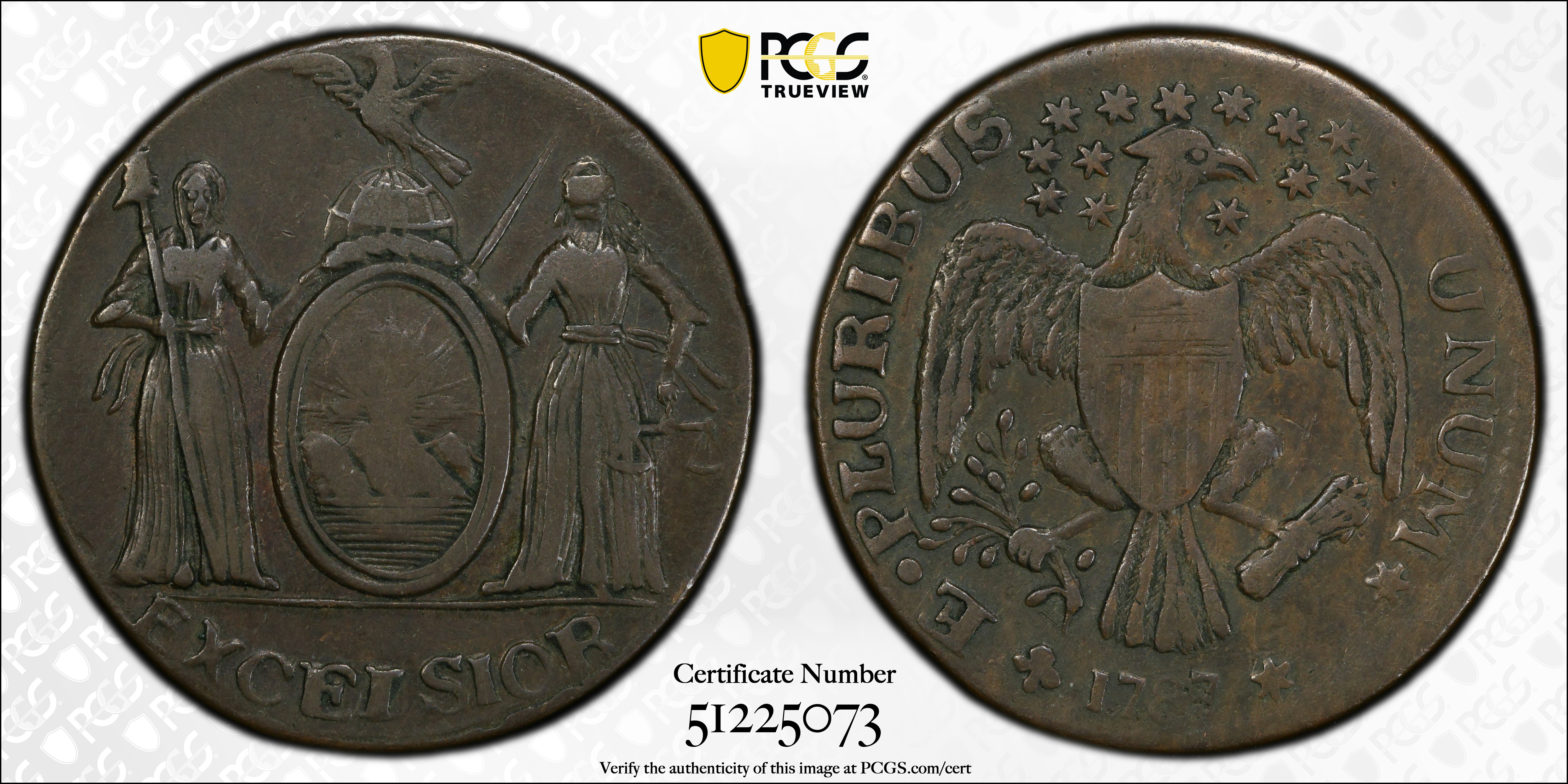 image for: 1787 Excelsior Copper. W-5785. Rarity-6. Eagle on Globe Facing Left. EF-40 (PCGS).