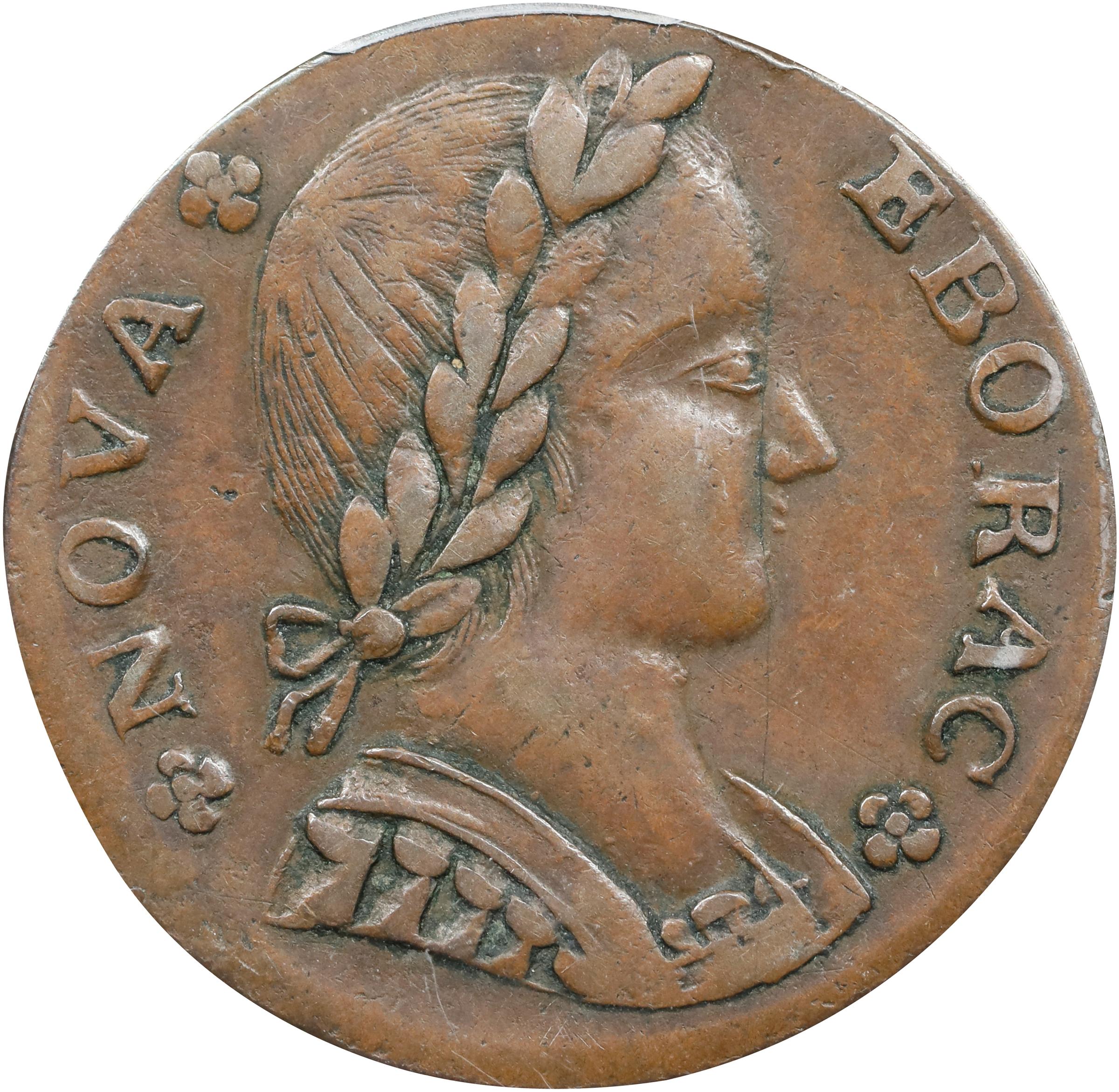 image for: 1787 Nova Eborac Copper. W-5755. Rarity-3. Medium Bust, Seated Figure Left. AU-58 (PCGS).