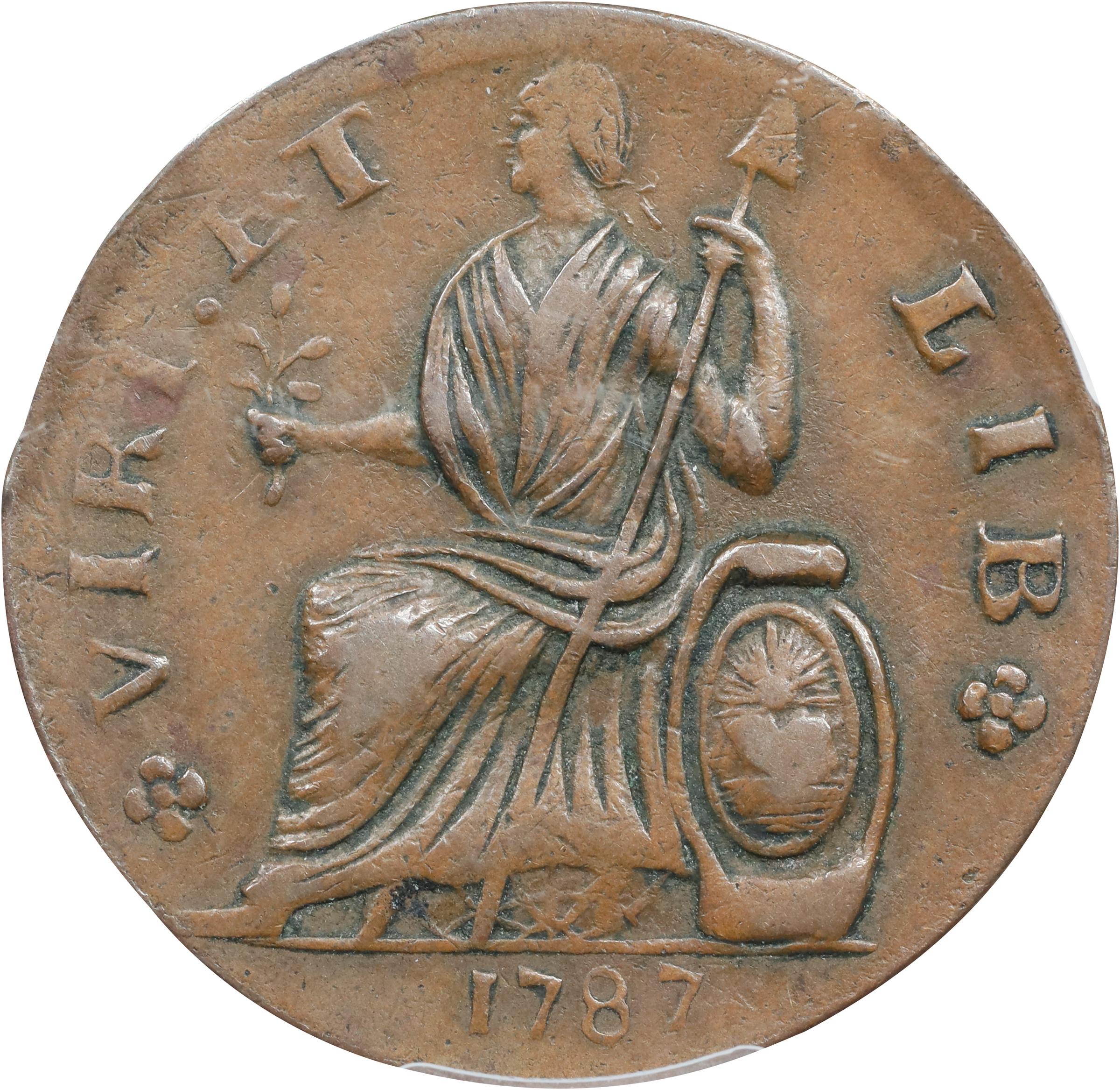 image for: 1787 Nova Eborac Copper. W-5755. Rarity-3. Medium Bust, Seated Figure Left. AU-58 (PCGS).