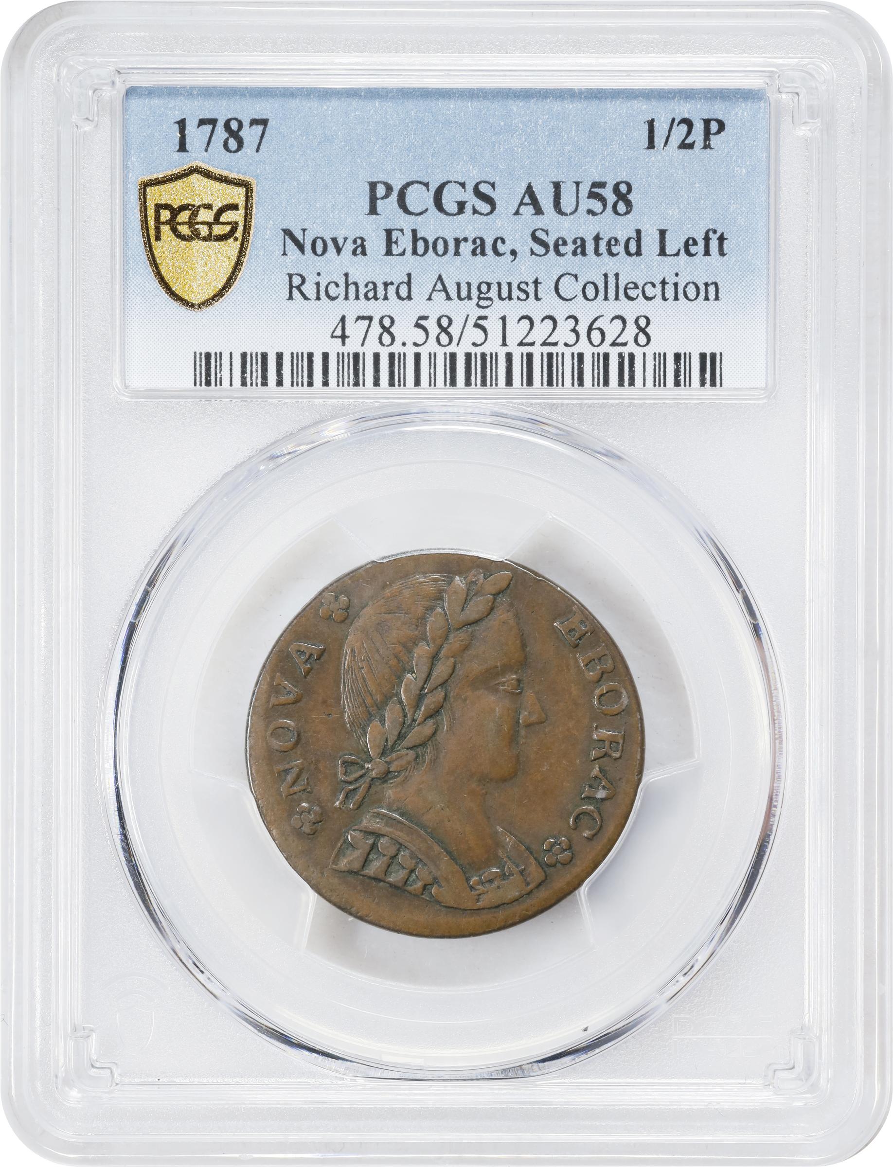 image for: 1787 Nova Eborac Copper. W-5755. Rarity-3. Medium Bust, Seated Figure Left. AU-58 (PCGS).