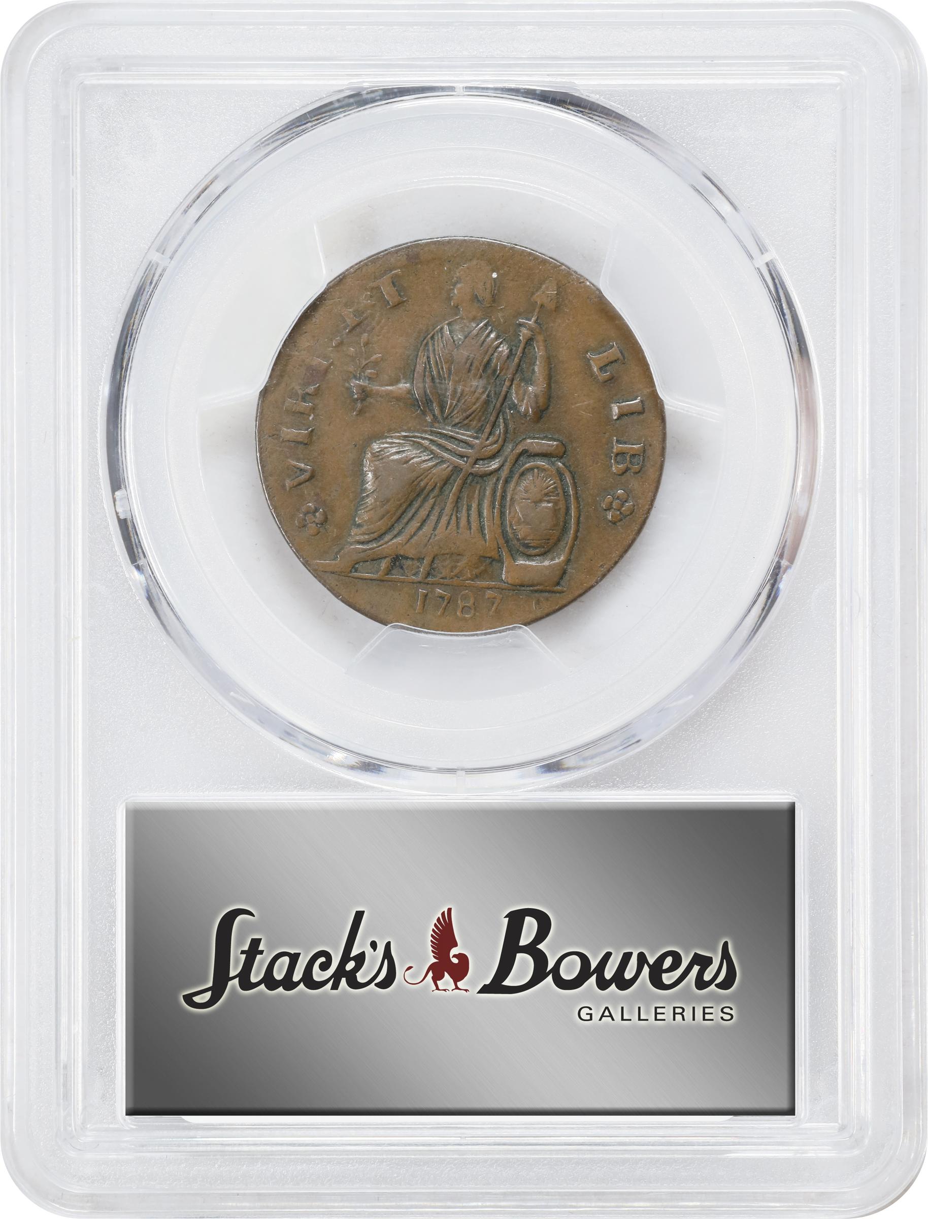 image for: 1787 Nova Eborac Copper. W-5755. Rarity-3. Medium Bust, Seated Figure Left. AU-58 (PCGS).