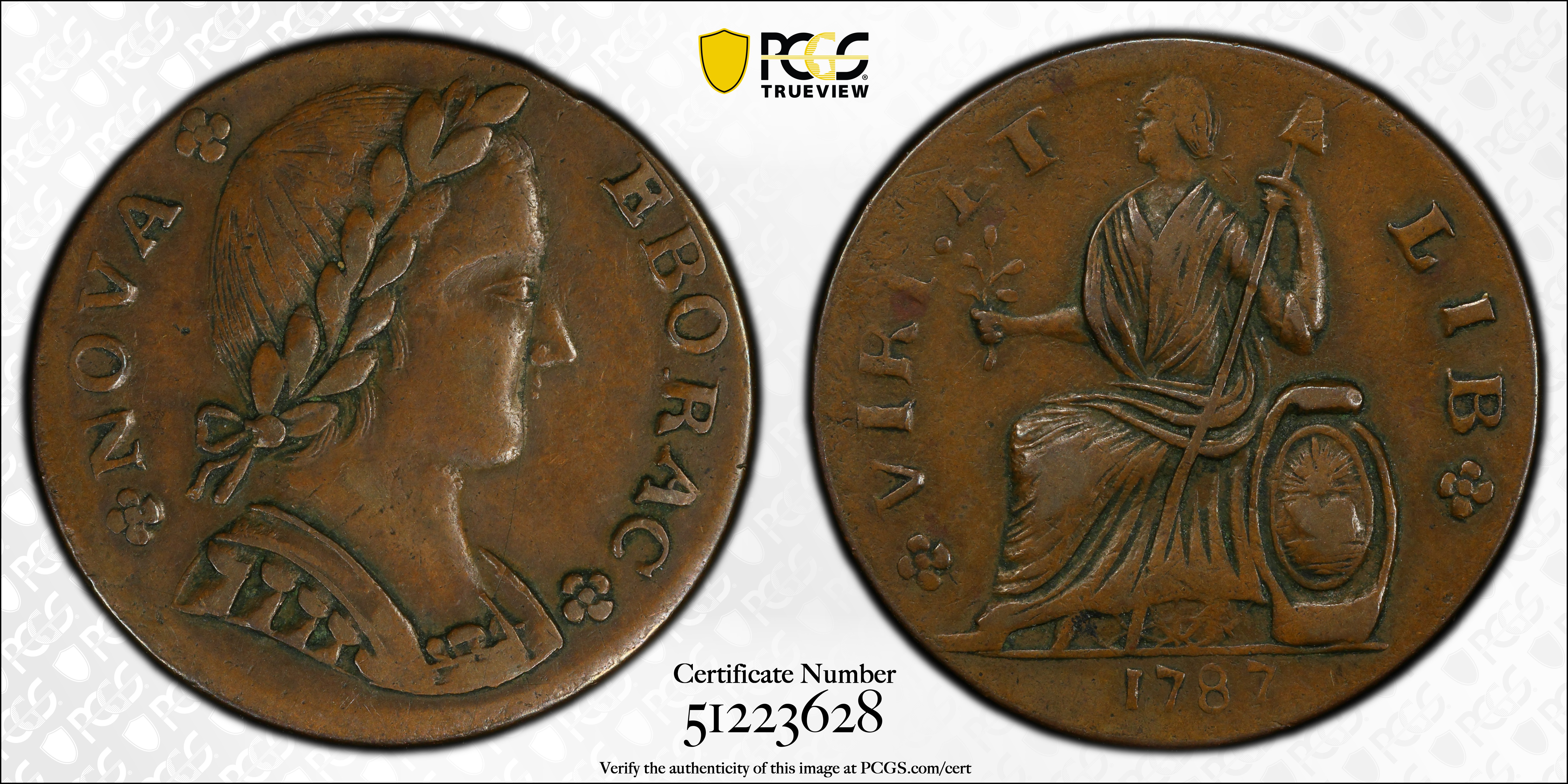 image for: 1787 Nova Eborac Copper. W-5755. Rarity-3. Medium Bust, Seated Figure Left. AU-58 (PCGS).
