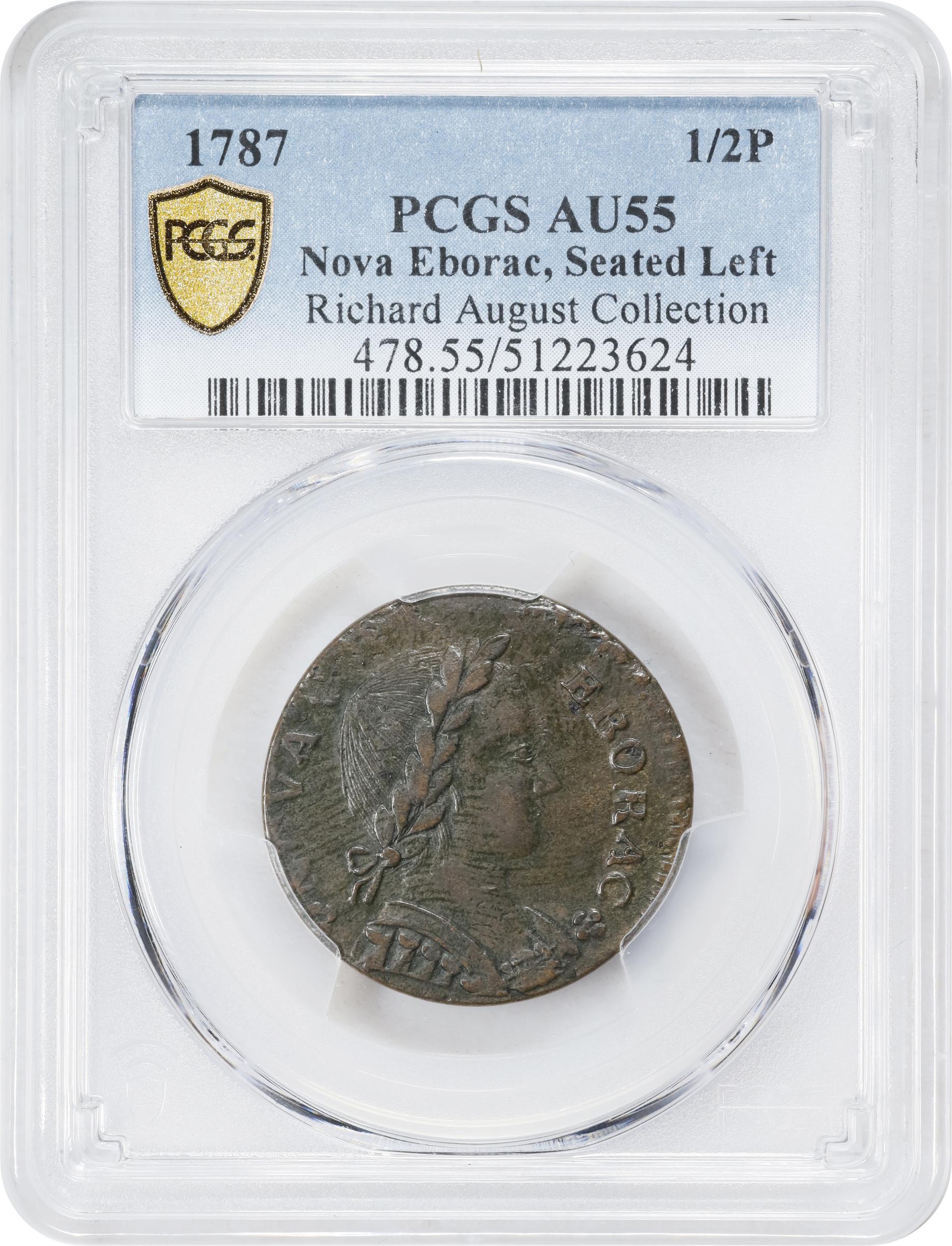 image for: 1787 Nova Eborac Copper. W-5755. Rarity-3. Medium Bust, Seated Figure Left. AU-55 (PCGS).