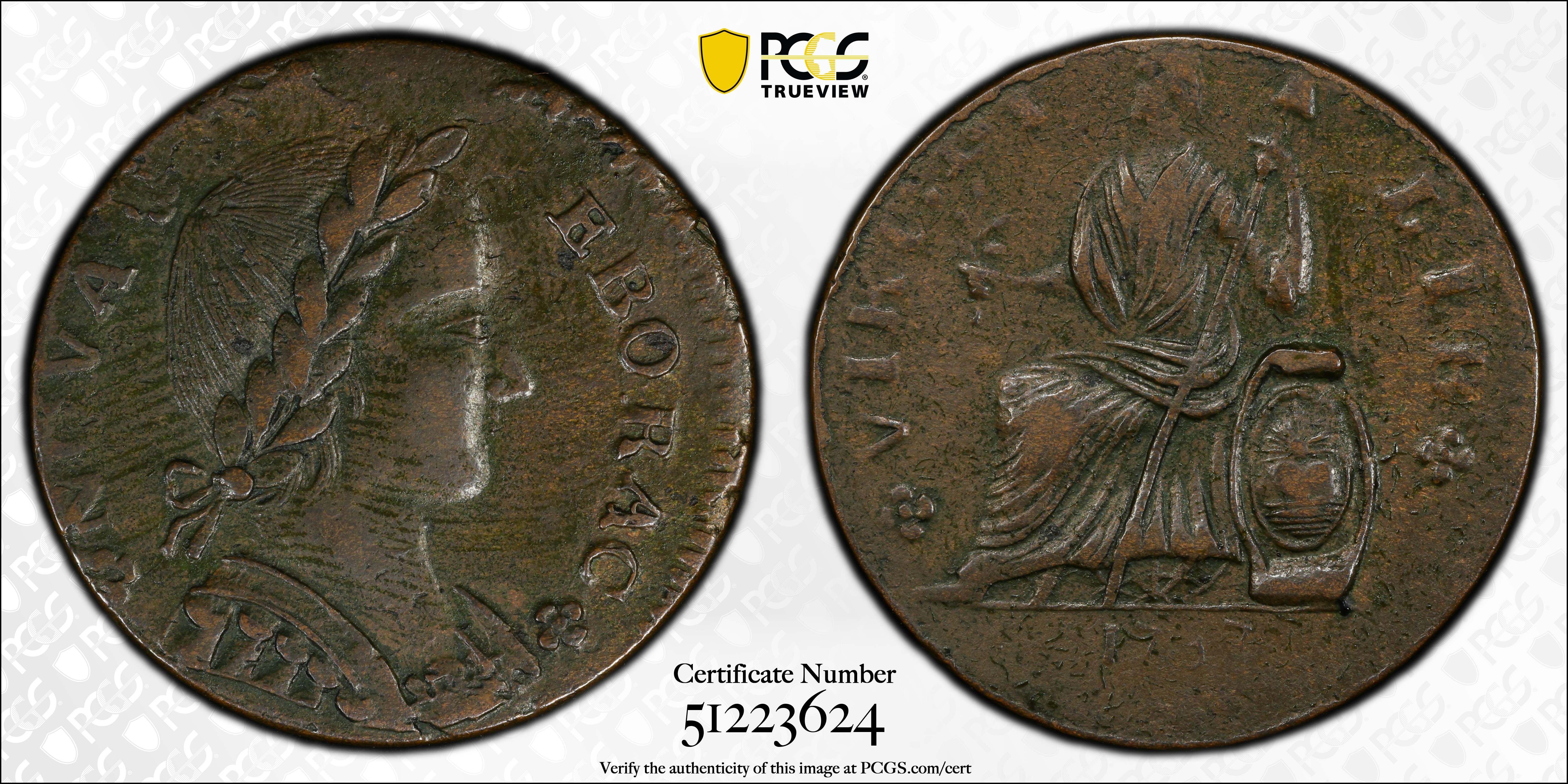 image for: 1787 Nova Eborac Copper. W-5755. Rarity-3. Medium Bust, Seated Figure Left. AU-55 (PCGS).