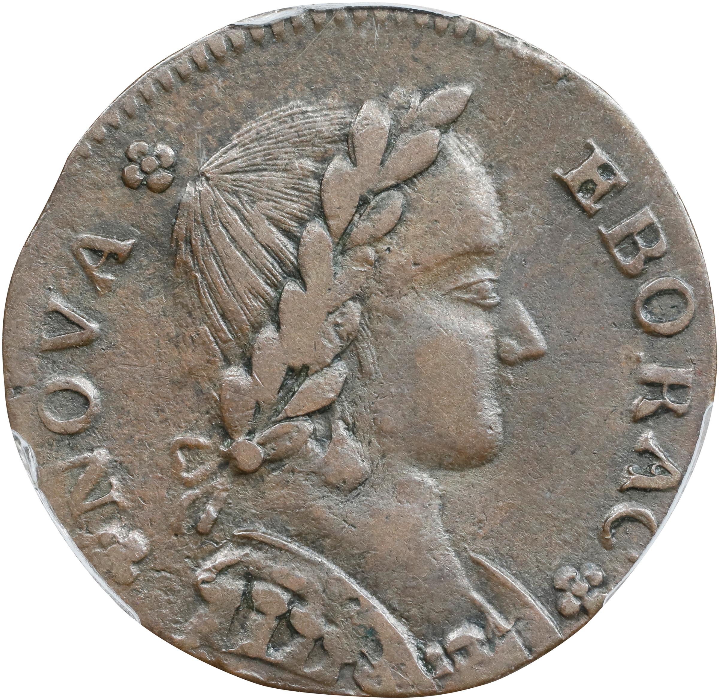 image for: 1787 Nova Eborac Copper. W-5760. Rarity-3. Medium Bust, Seated Figure Right. AU-53 (PCGS).