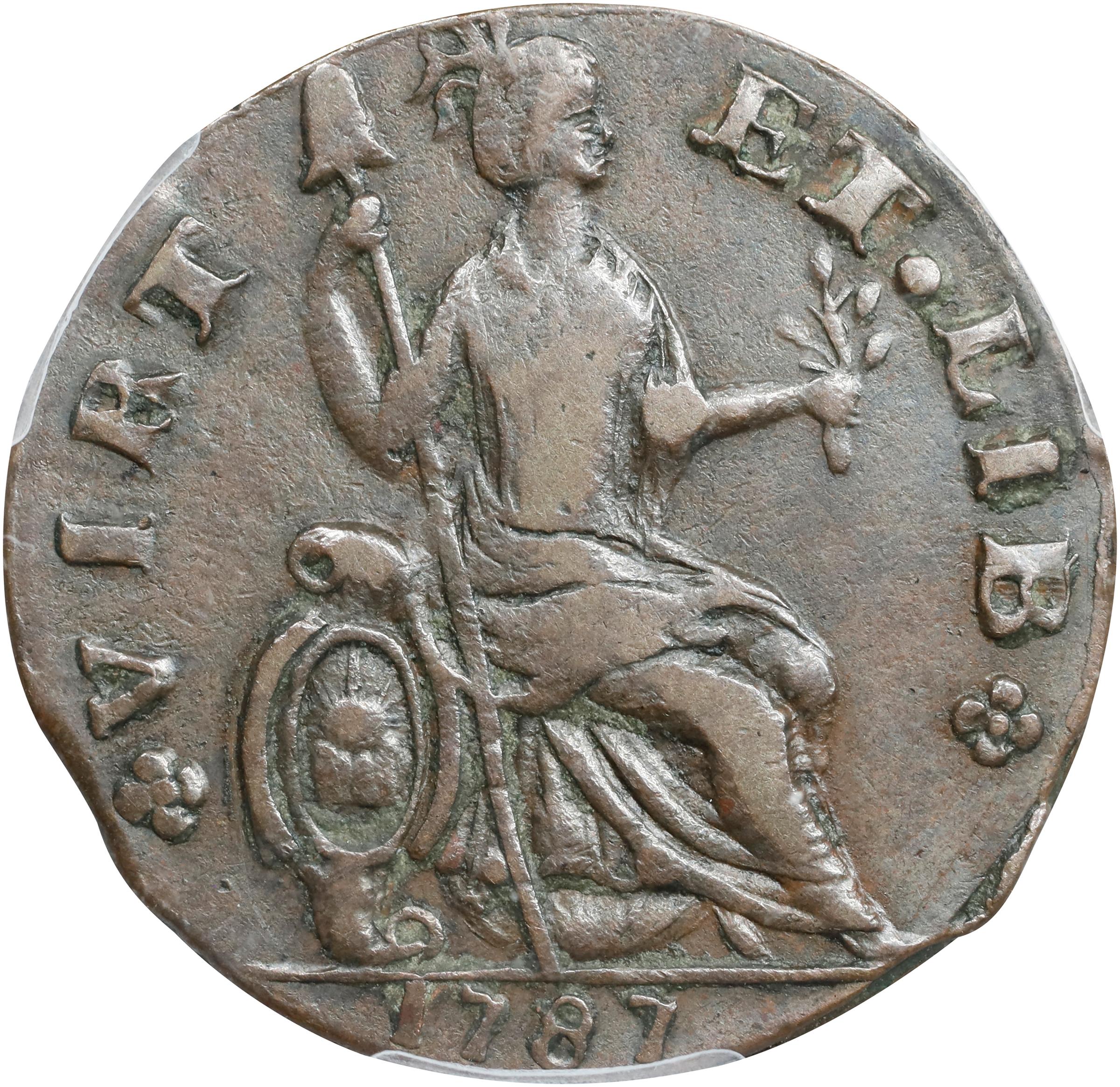 image for: 1787 Nova Eborac Copper. W-5760. Rarity-3. Medium Bust, Seated Figure Right. AU-53 (PCGS).