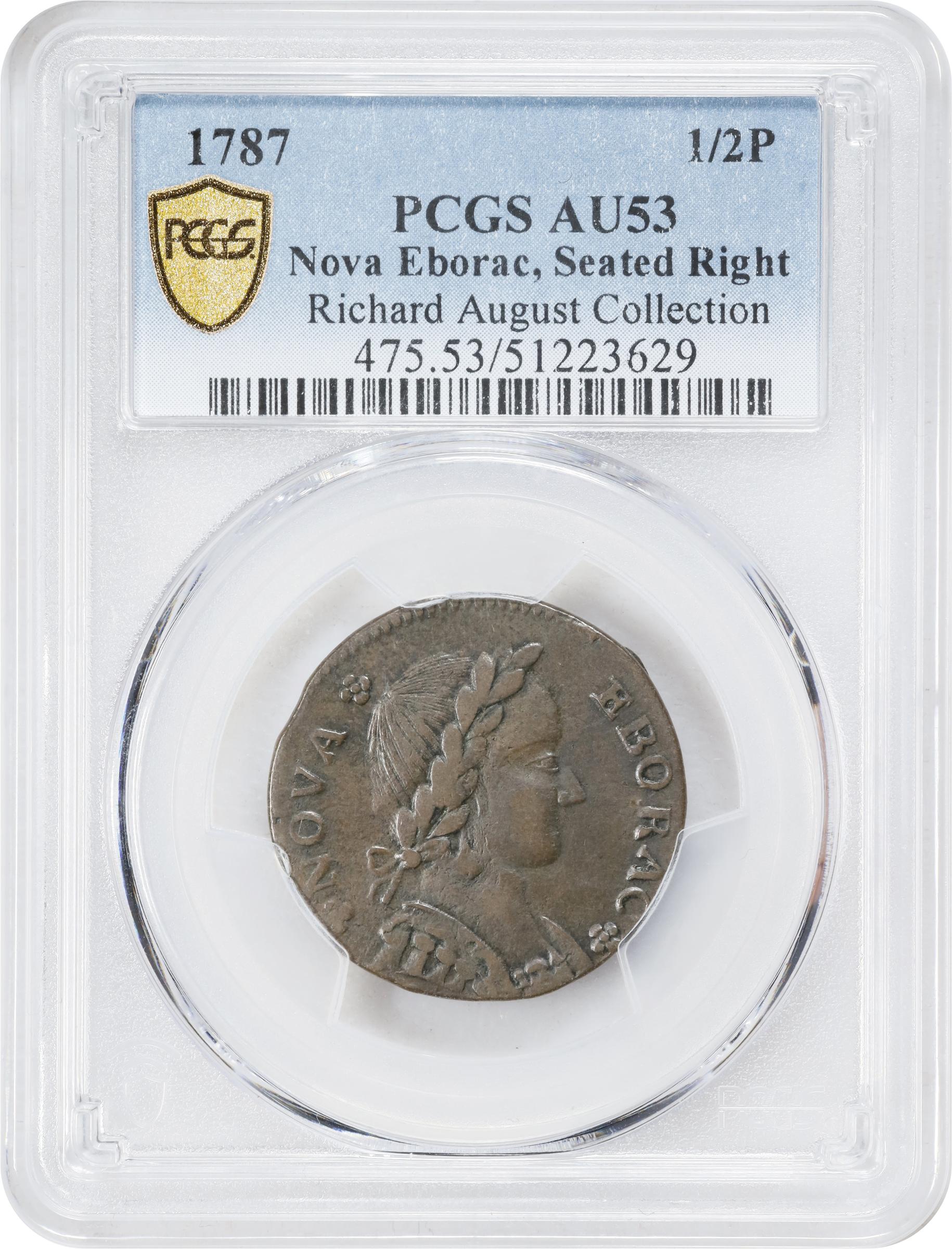 image for: 1787 Nova Eborac Copper. W-5760. Rarity-3. Medium Bust, Seated Figure Right. AU-53 (PCGS).