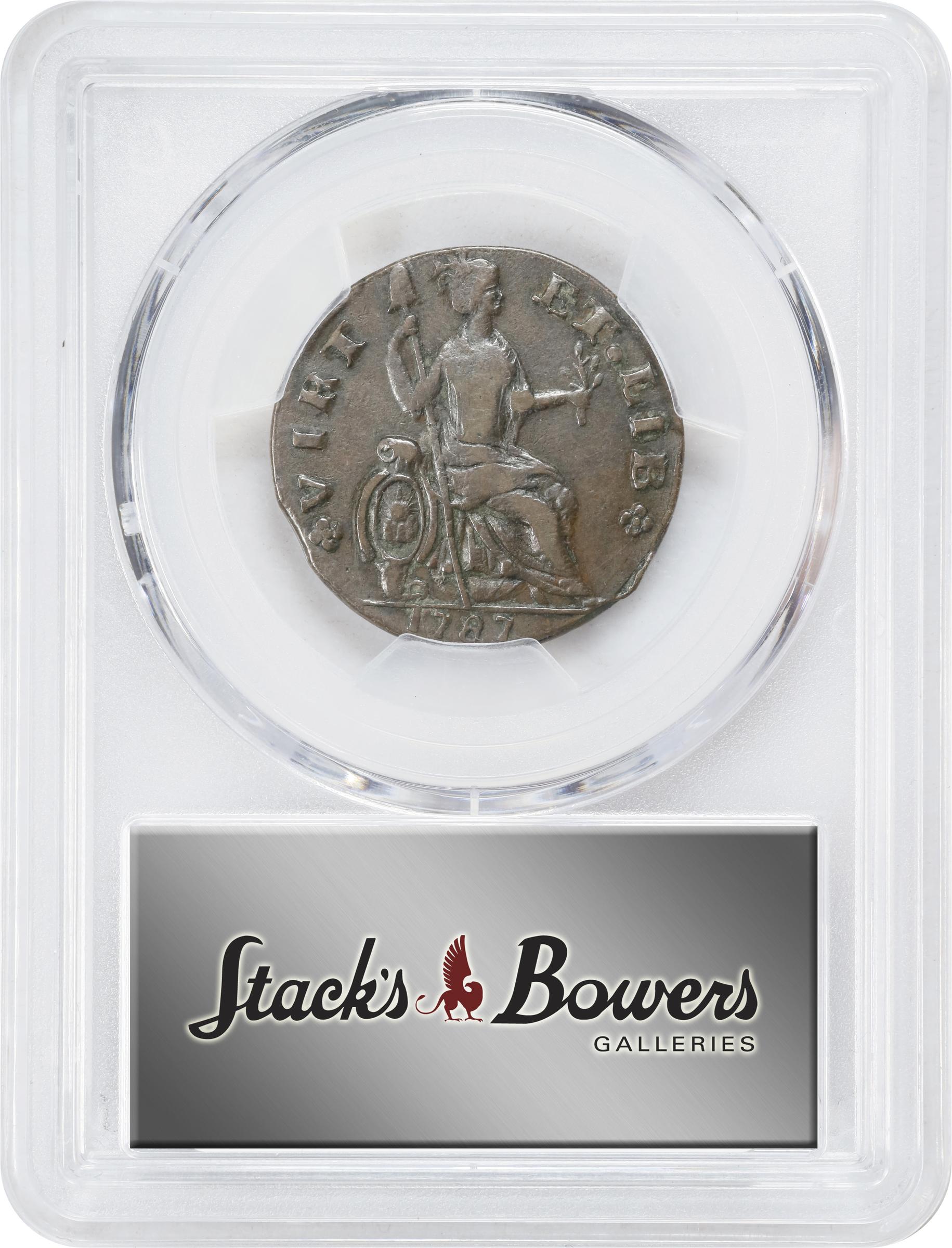 image for: 1787 Nova Eborac Copper. W-5760. Rarity-3. Medium Bust, Seated Figure Right. AU-53 (PCGS).