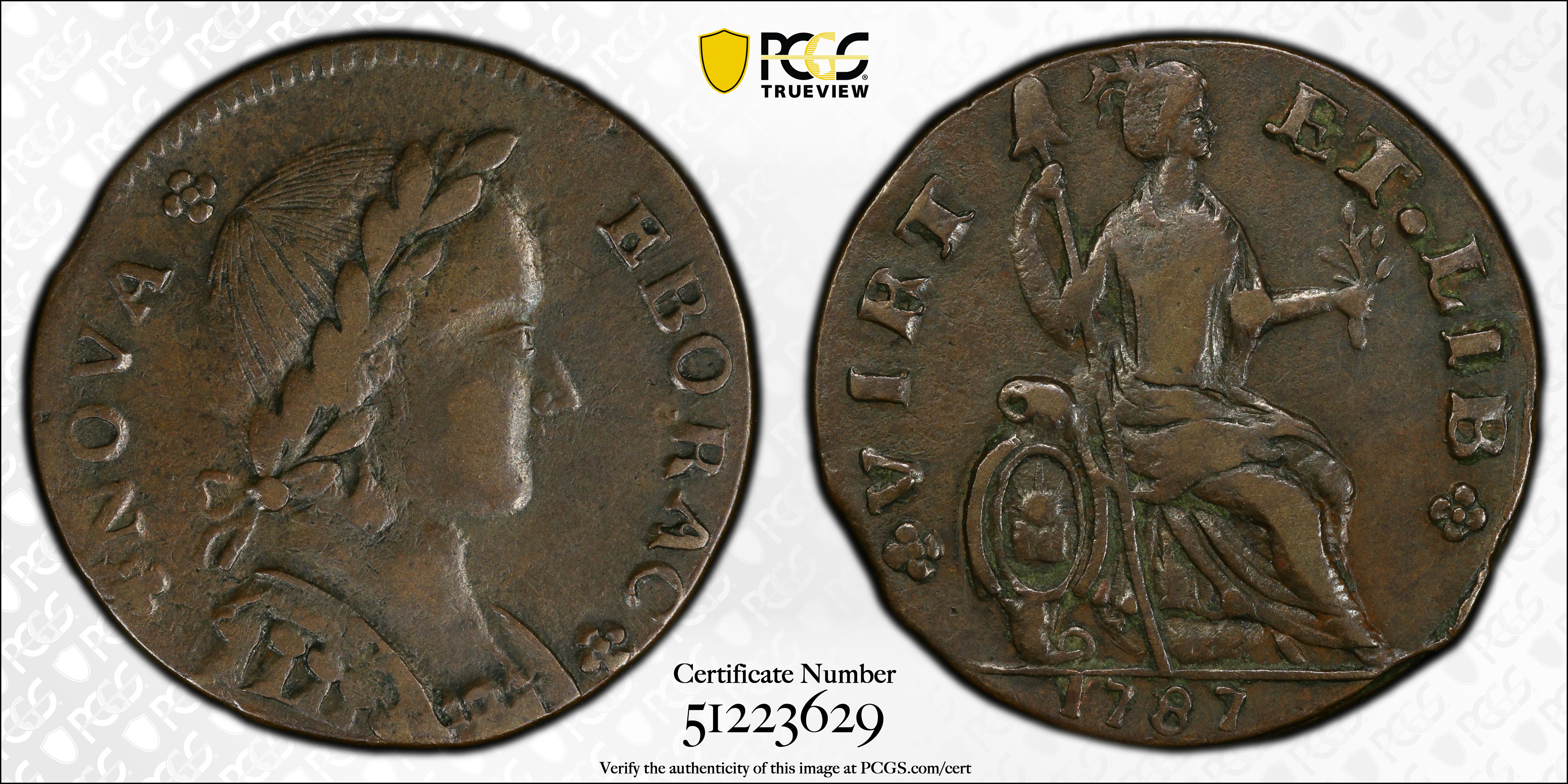 image for: 1787 Nova Eborac Copper. W-5760. Rarity-3. Medium Bust, Seated Figure Right. AU-53 (PCGS).