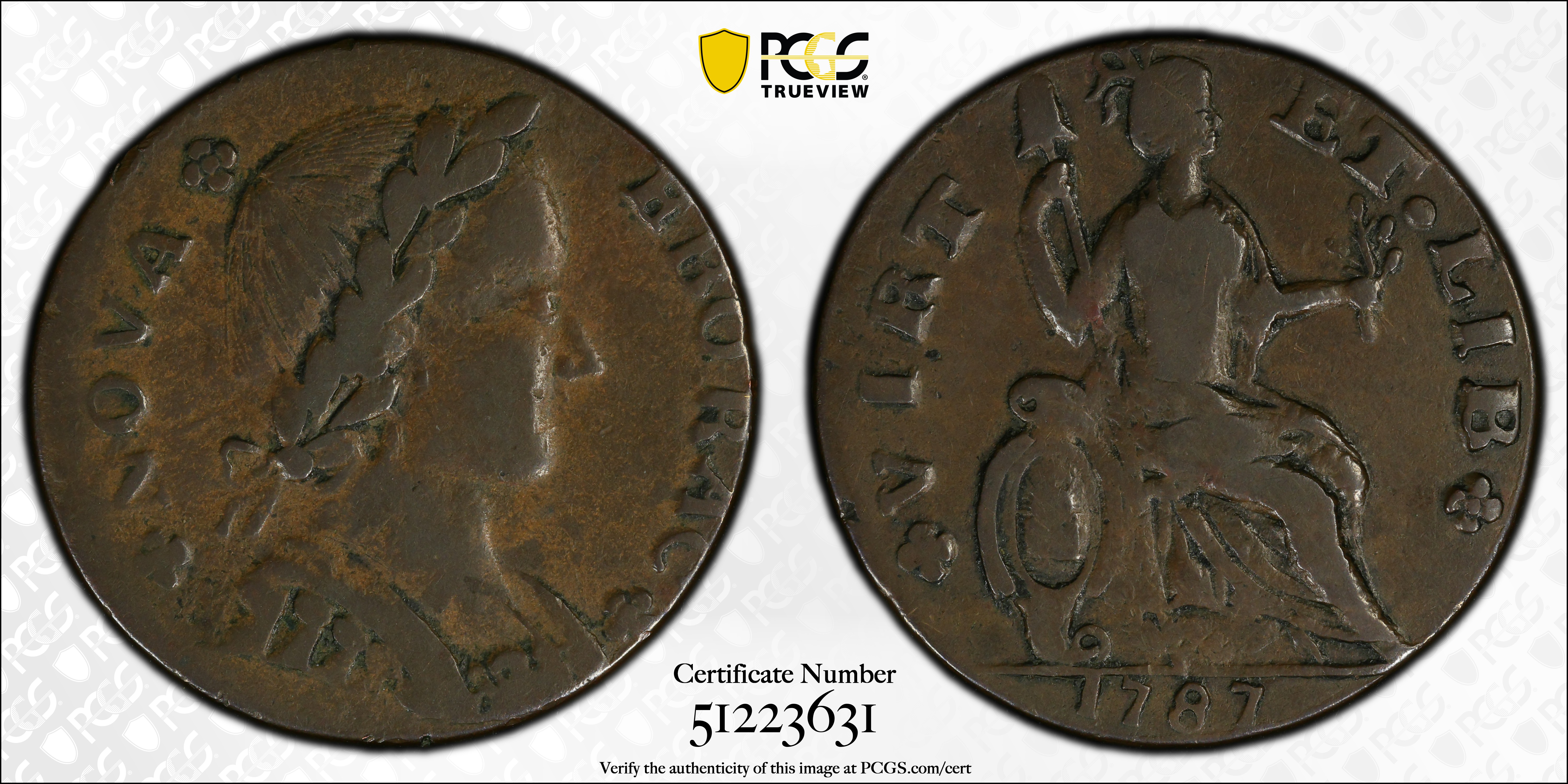 image for: 1787 Nova Eborac Copper. W-5760. Rarity-3. Medium Bust, Seated Figure Right. EF-45 (PCGS).