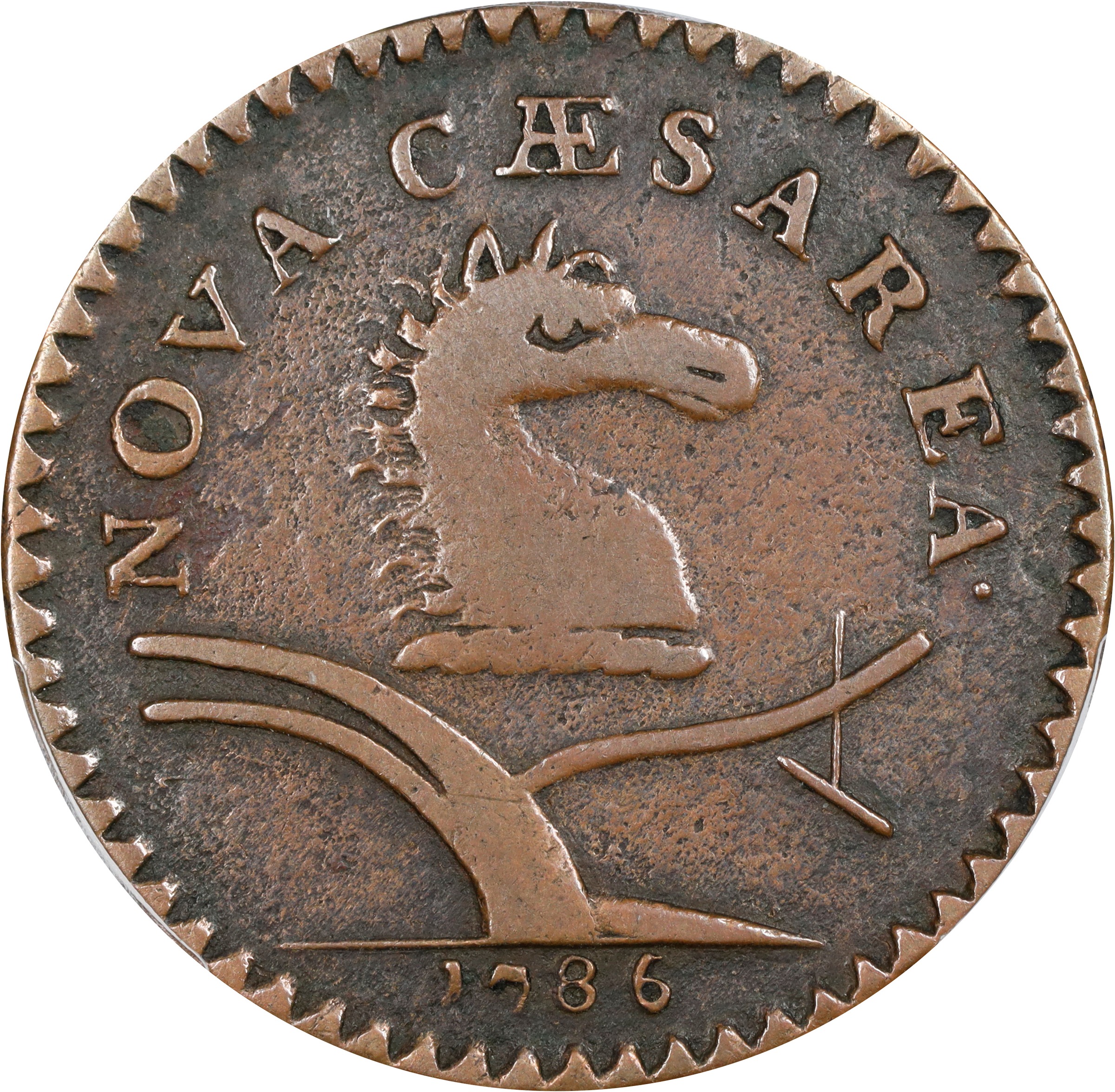 image for: 1786 New Jersey Copper. Maris 10-G, W-4740. Rarity-6. Date Under Plow, No Coulter. VF-20 (PCGS).