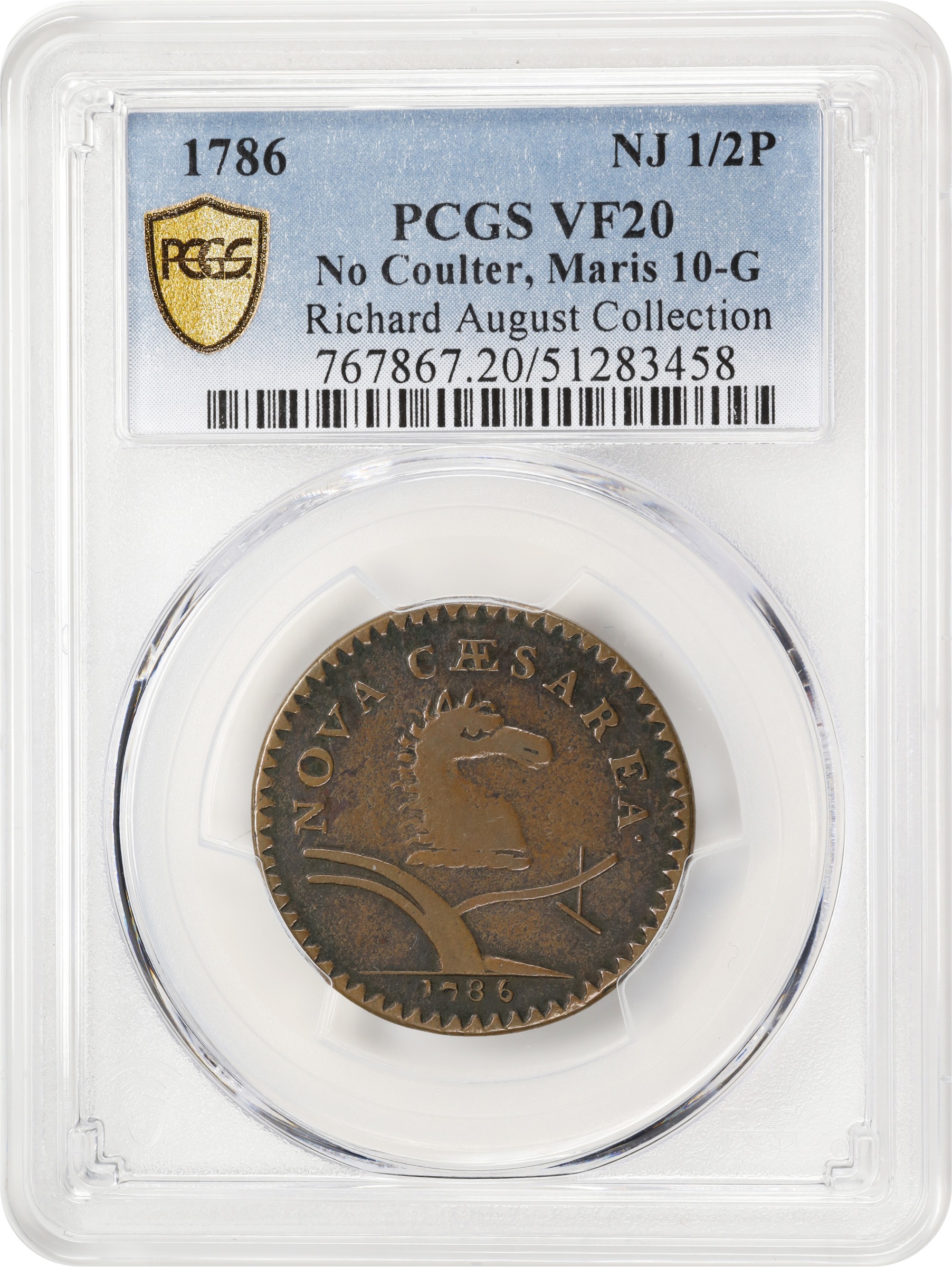 image for: 1786 New Jersey Copper. Maris 10-G, W-4740. Rarity-6. Date Under Plow, No Coulter. VF-20 (PCGS).