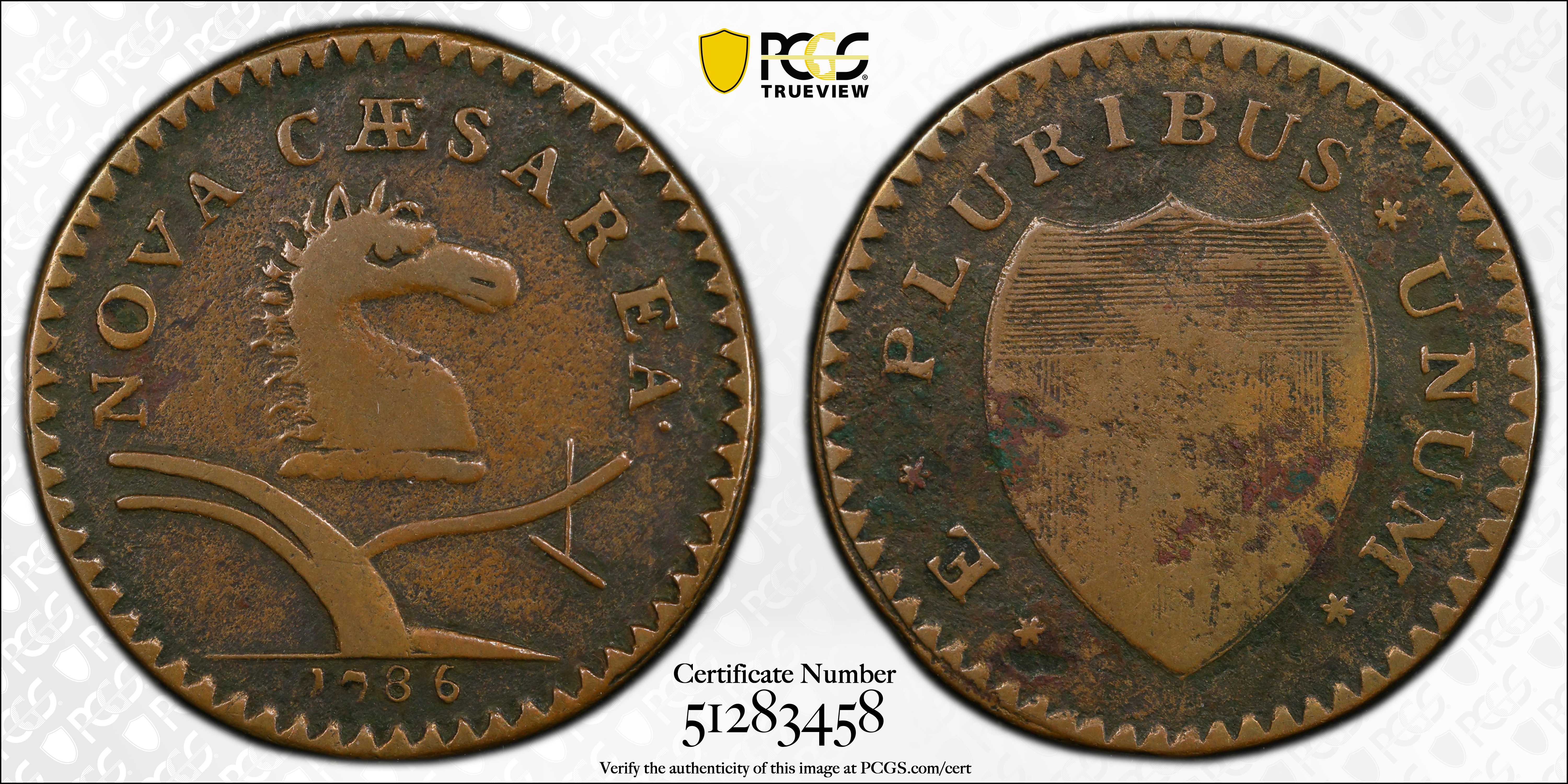 image for: 1786 New Jersey Copper. Maris 10-G, W-4740. Rarity-6. Date Under Plow, No Coulter. VF-20 (PCGS).