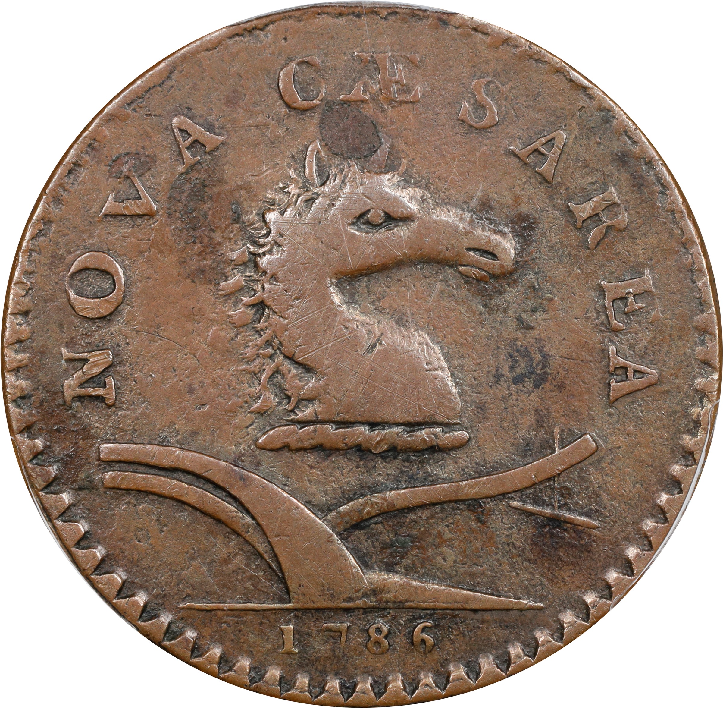 image for: 1786 New Jersey Copper. Maris 11-H, W-4775. Rarity-5+. Date Under Plow, No Coulter, Cuneiform Shield. VF-25 (PCGS).