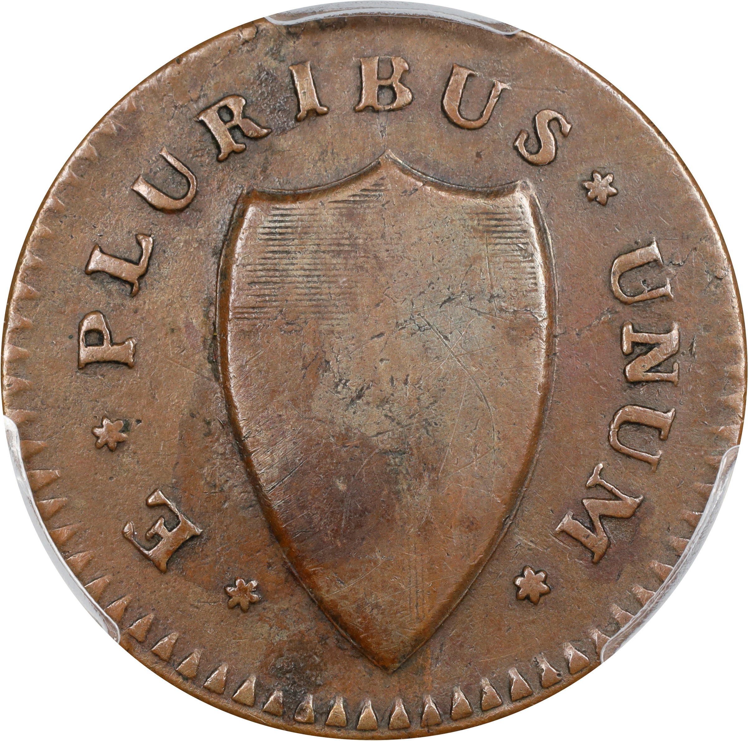 image for: 1786 New Jersey Copper. Maris 11-H, W-4775. Rarity-5+. Date Under Plow, No Coulter, Cuneiform Shield. VF-25 (PCGS).