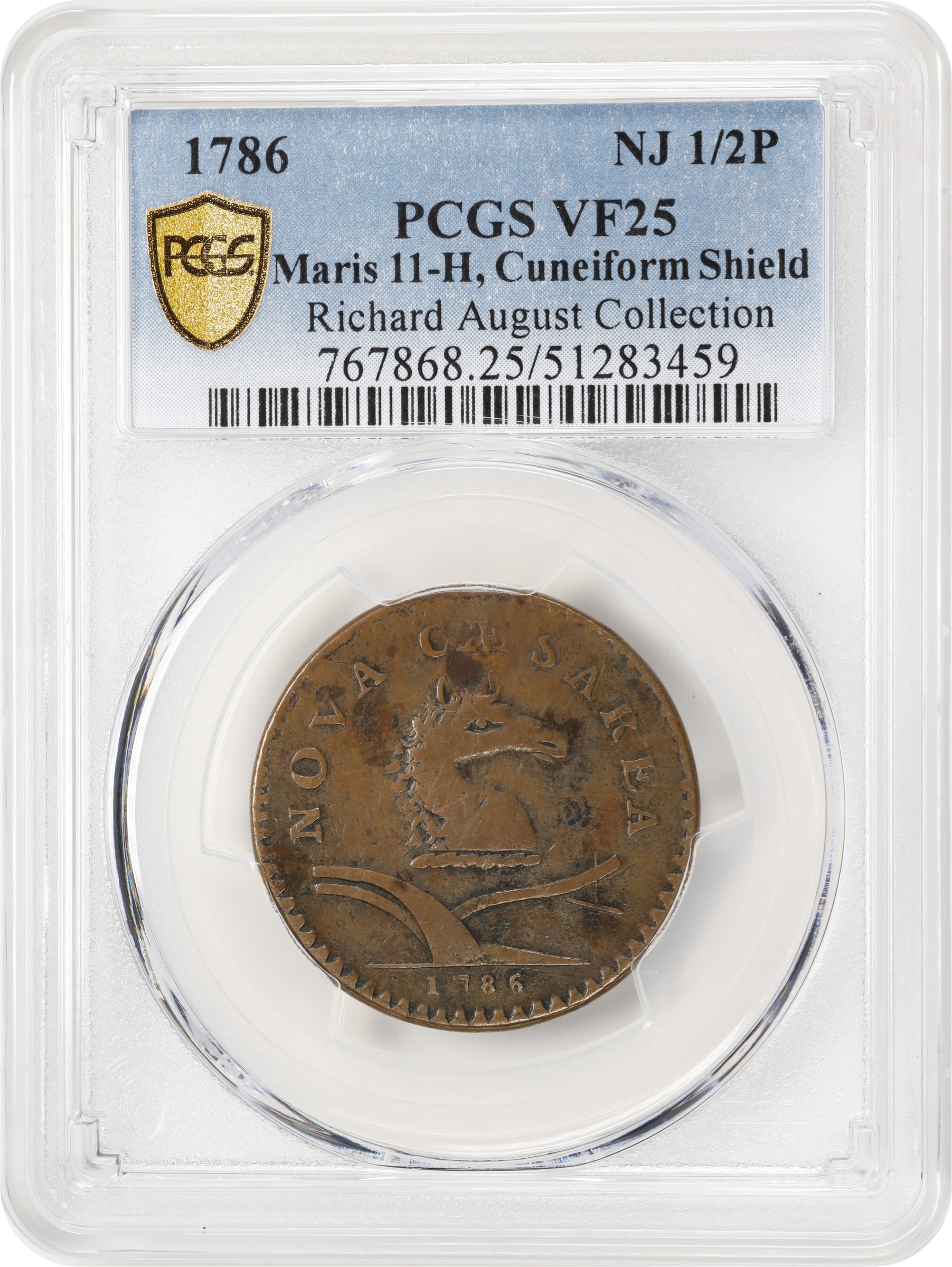 image for: 1786 New Jersey Copper. Maris 11-H, W-4775. Rarity-5+. Date Under Plow, No Coulter, Cuneiform Shield. VF-25 (PCGS).