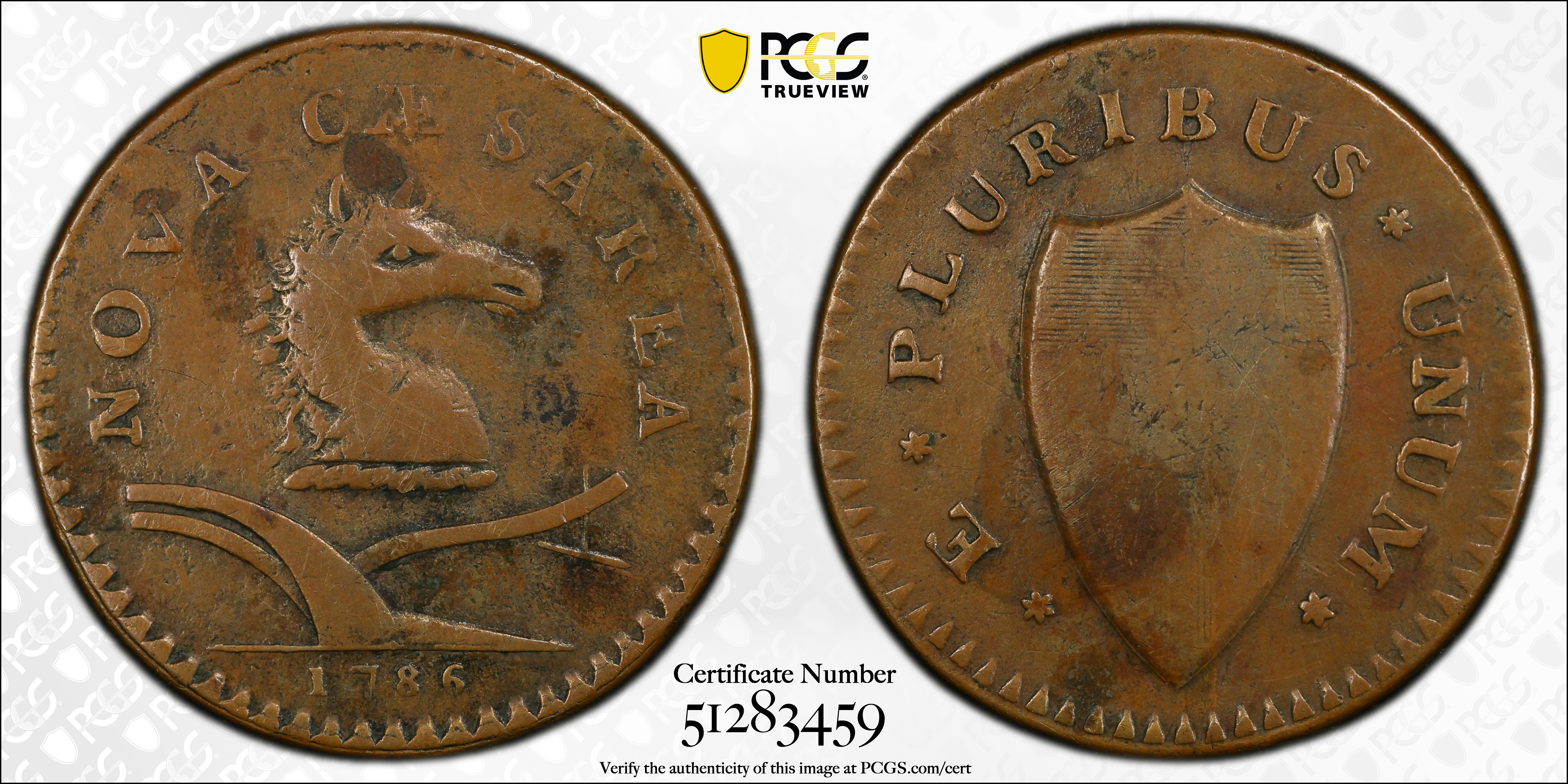 image for: 1786 New Jersey Copper. Maris 11-H, W-4775. Rarity-5+. Date Under Plow, No Coulter, Cuneiform Shield. VF-25 (PCGS).