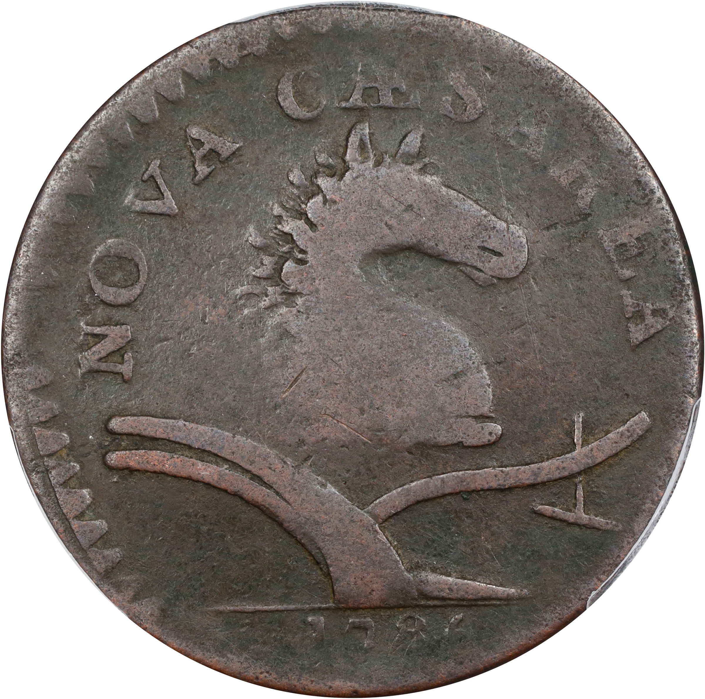 image for: 1786 New Jersey Copper. Maris 12-G, W-4790. Rarity-4. Date Under Plow, No Coulter, Shaggy Mane. VG-10 (PCGS).