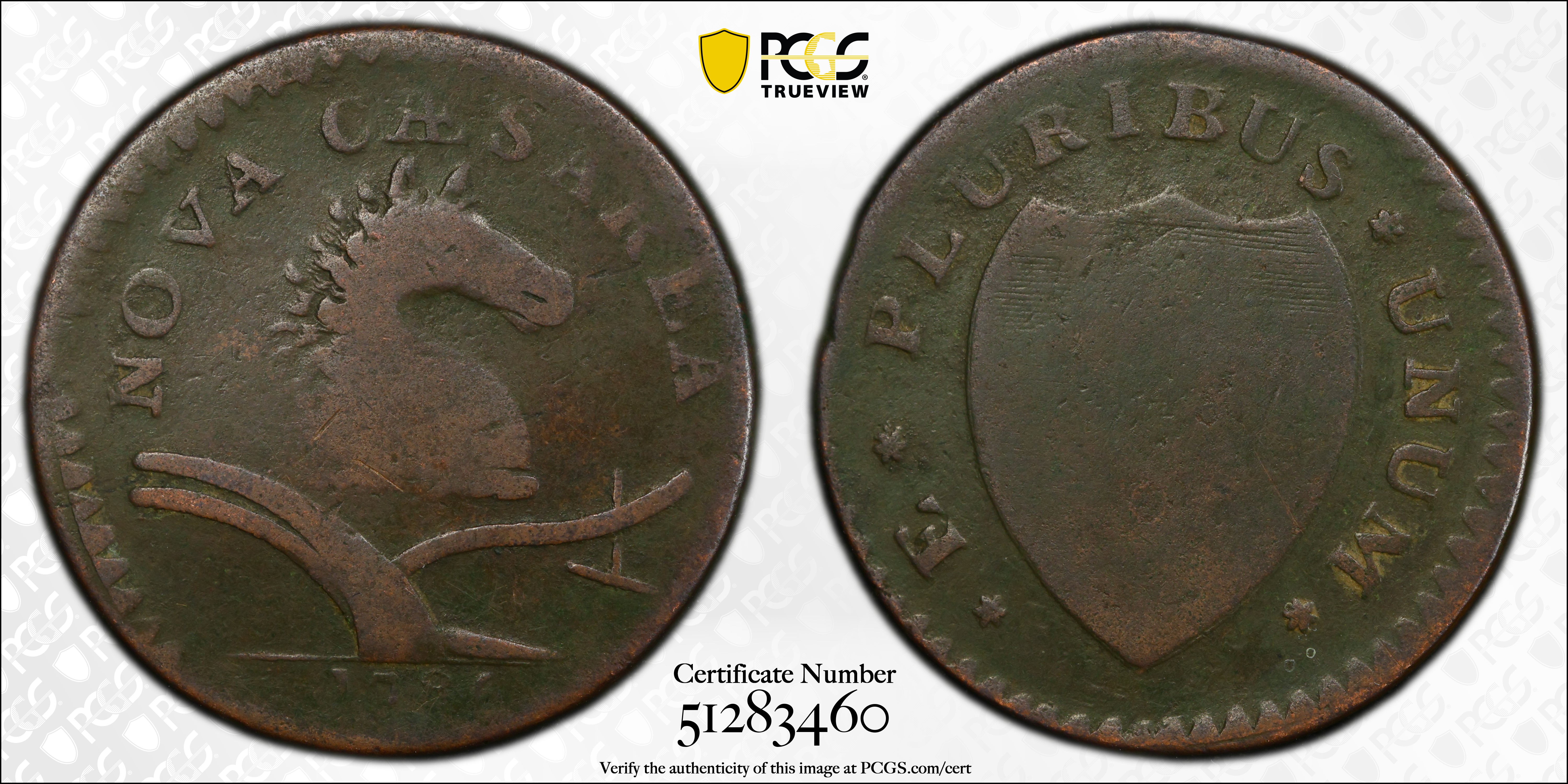 image for: 1786 New Jersey Copper. Maris 12-G, W-4790. Rarity-4. Date Under Plow, No Coulter, Shaggy Mane. VG-10 (PCGS).