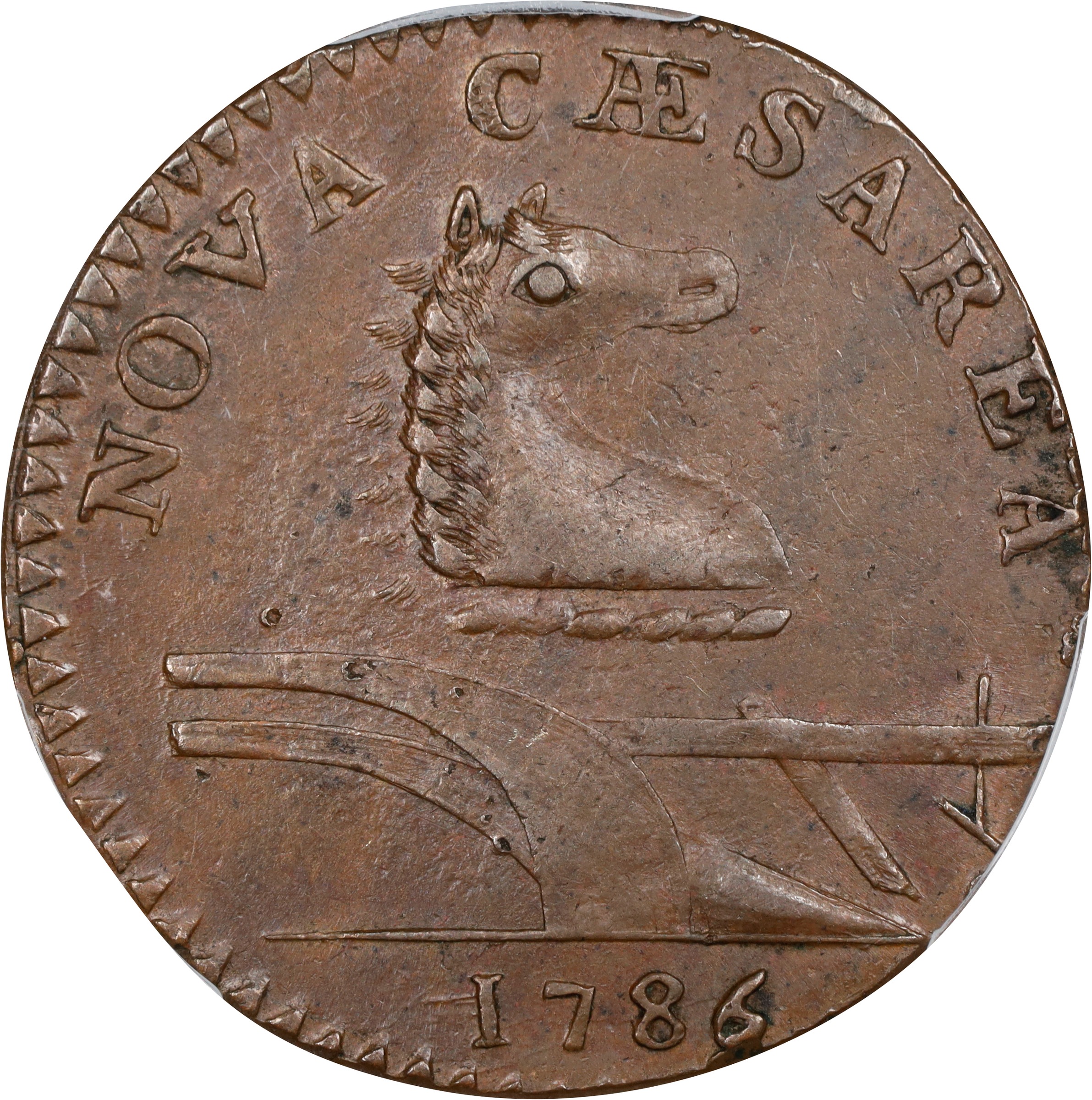 image for: 1786 New Jersey Copper. Maris 14-J, W-4810. Rarity-1. Straight Plow Beam, Stegosaurus Head. MS-62 BN (PCGS).