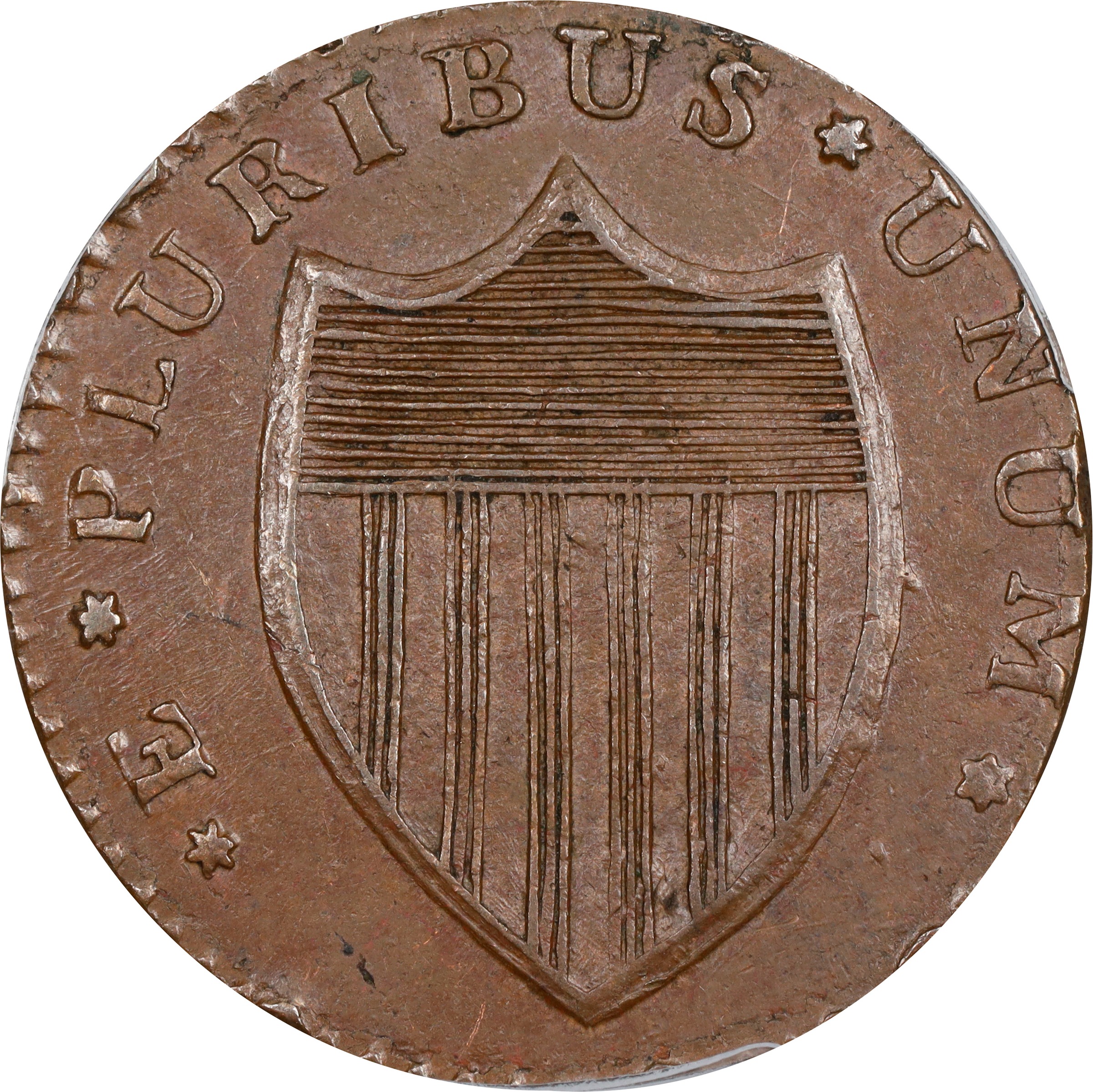 image for: 1786 New Jersey Copper. Maris 14-J, W-4810. Rarity-1. Straight Plow Beam, Stegosaurus Head. MS-62 BN (PCGS).