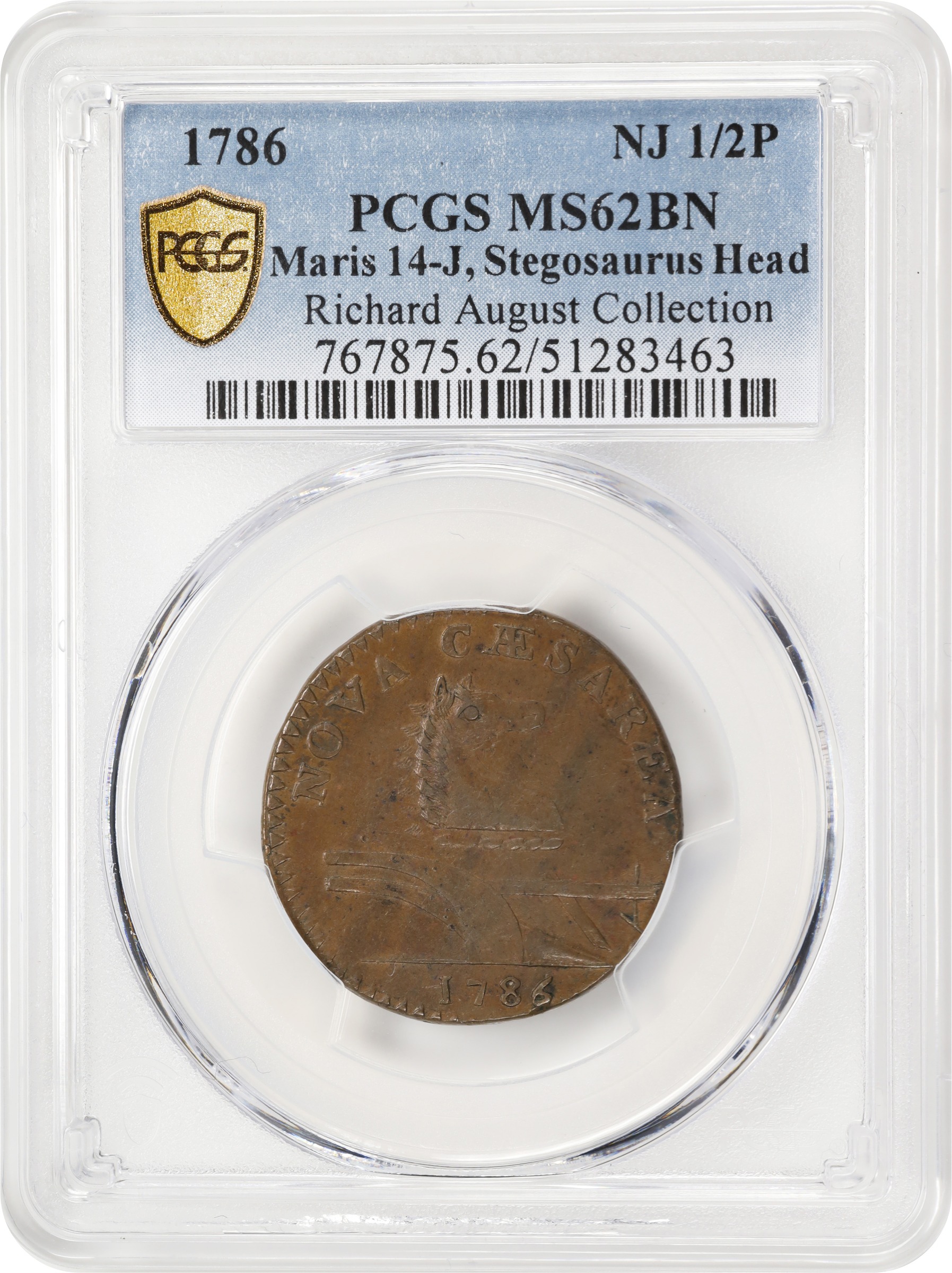 image for: 1786 New Jersey Copper. Maris 14-J, W-4810. Rarity-1. Straight Plow Beam, Stegosaurus Head. MS-62 BN (PCGS).