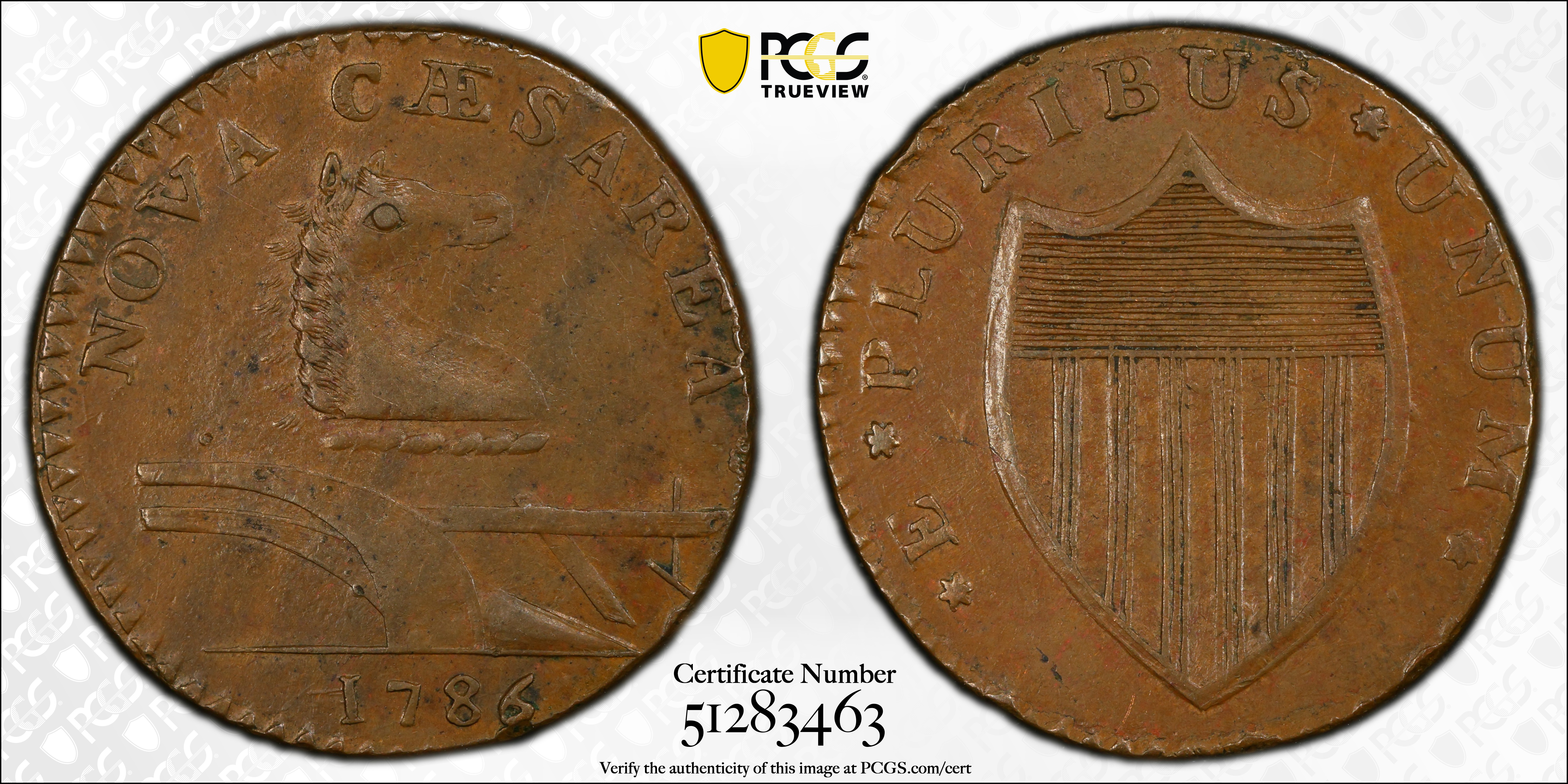image for: 1786 New Jersey Copper. Maris 14-J, W-4810. Rarity-1. Straight Plow Beam, Stegosaurus Head. MS-62 BN (PCGS).