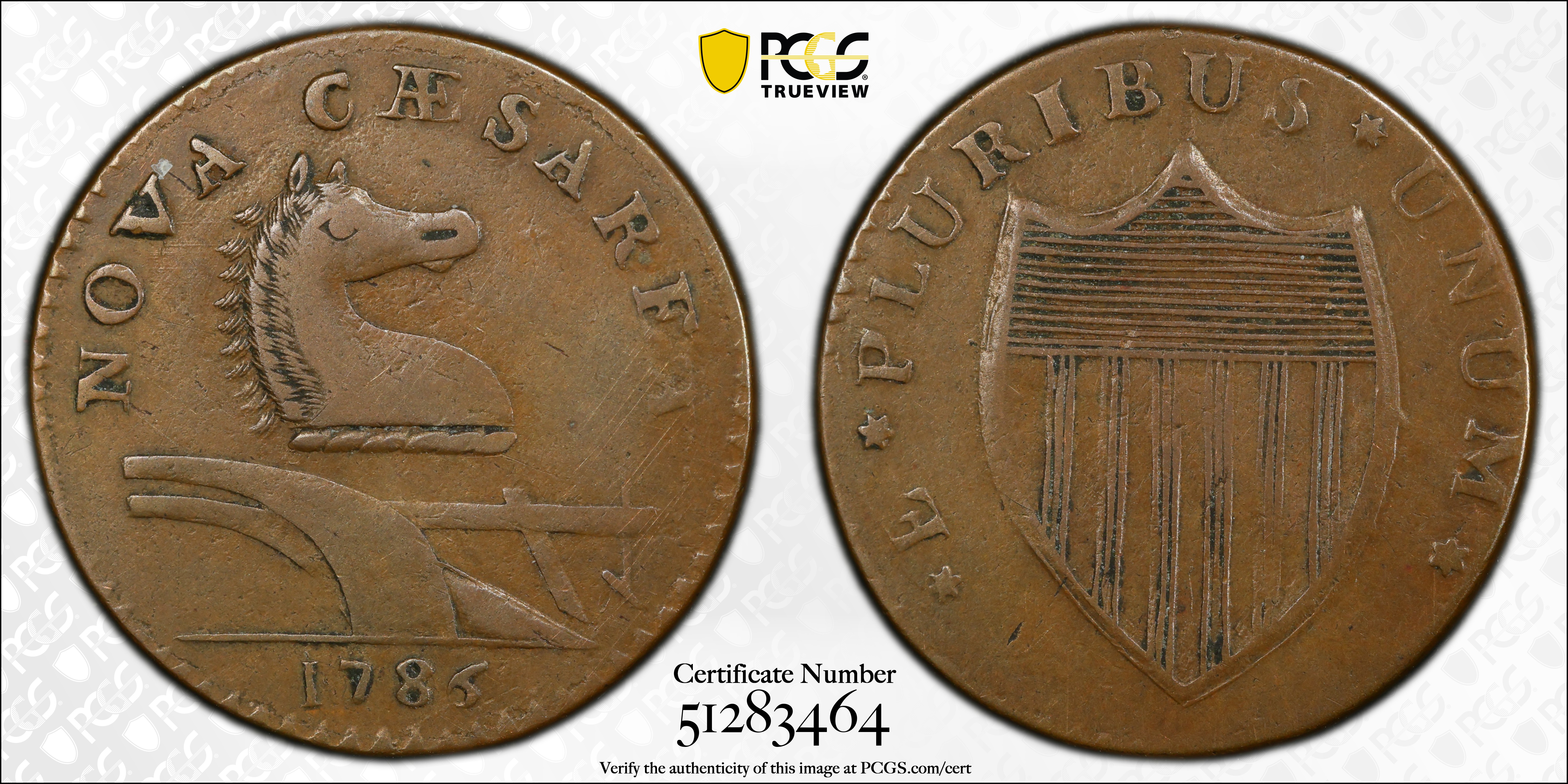 image for: 1786 New Jersey Copper. Maris 15-J, W-4815. Rarity-4. Straight Plow Beam, Leaning Head. EF-40 (PCGS).
