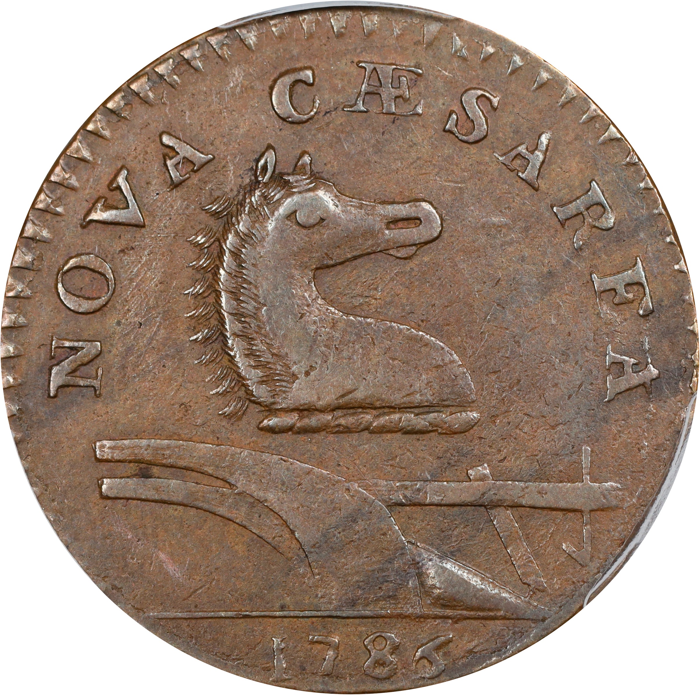 image for: 1786 New Jersey Copper. Maris 15-L, W-4820. Rarity-4. Straight Plow Beam, Leaning Head. AU-53 (PCGS).