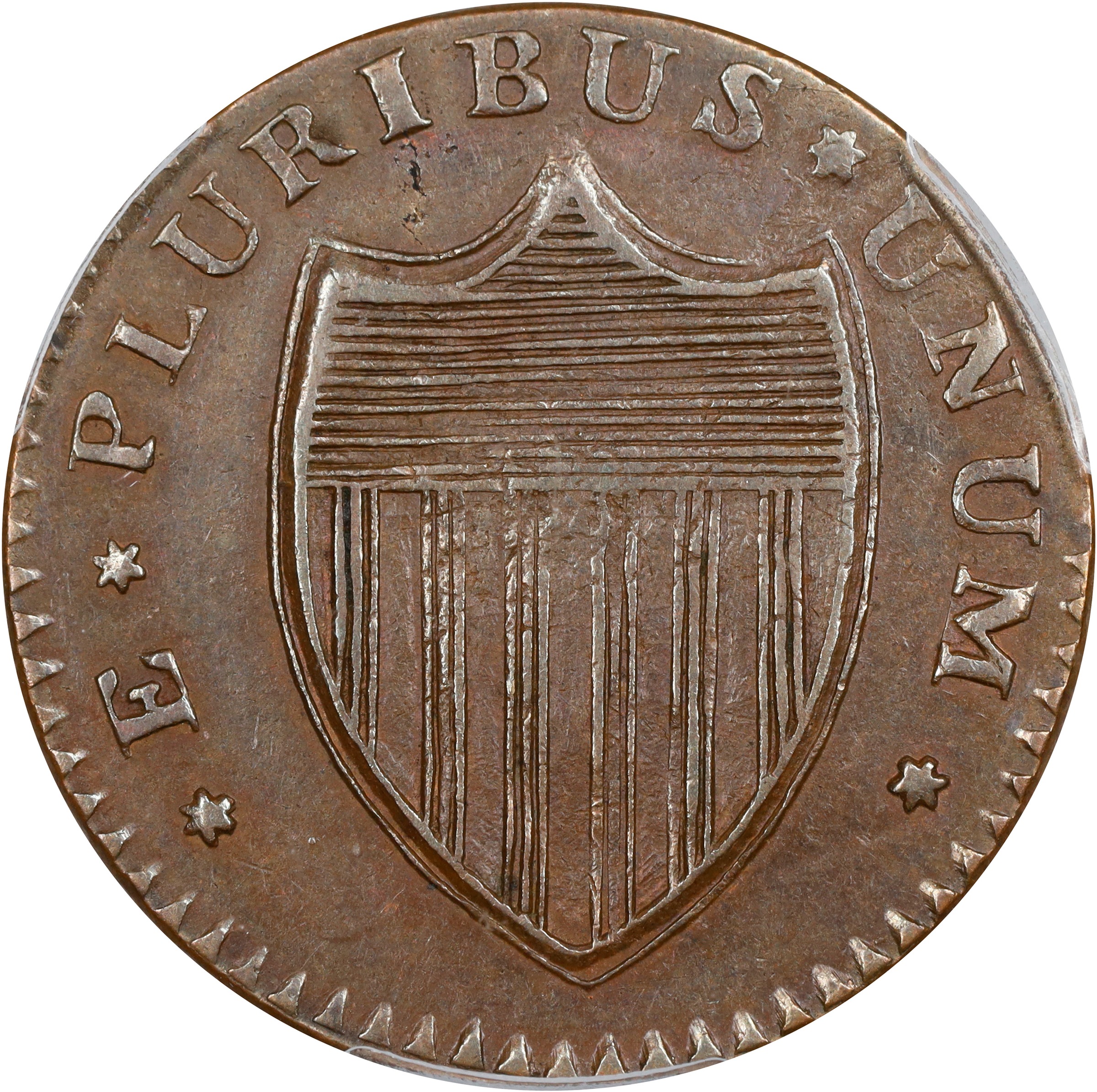 image for: 1786 New Jersey Copper. Maris 15-L, W-4820. Rarity-4. Straight Plow Beam, Leaning Head. AU-53 (PCGS).