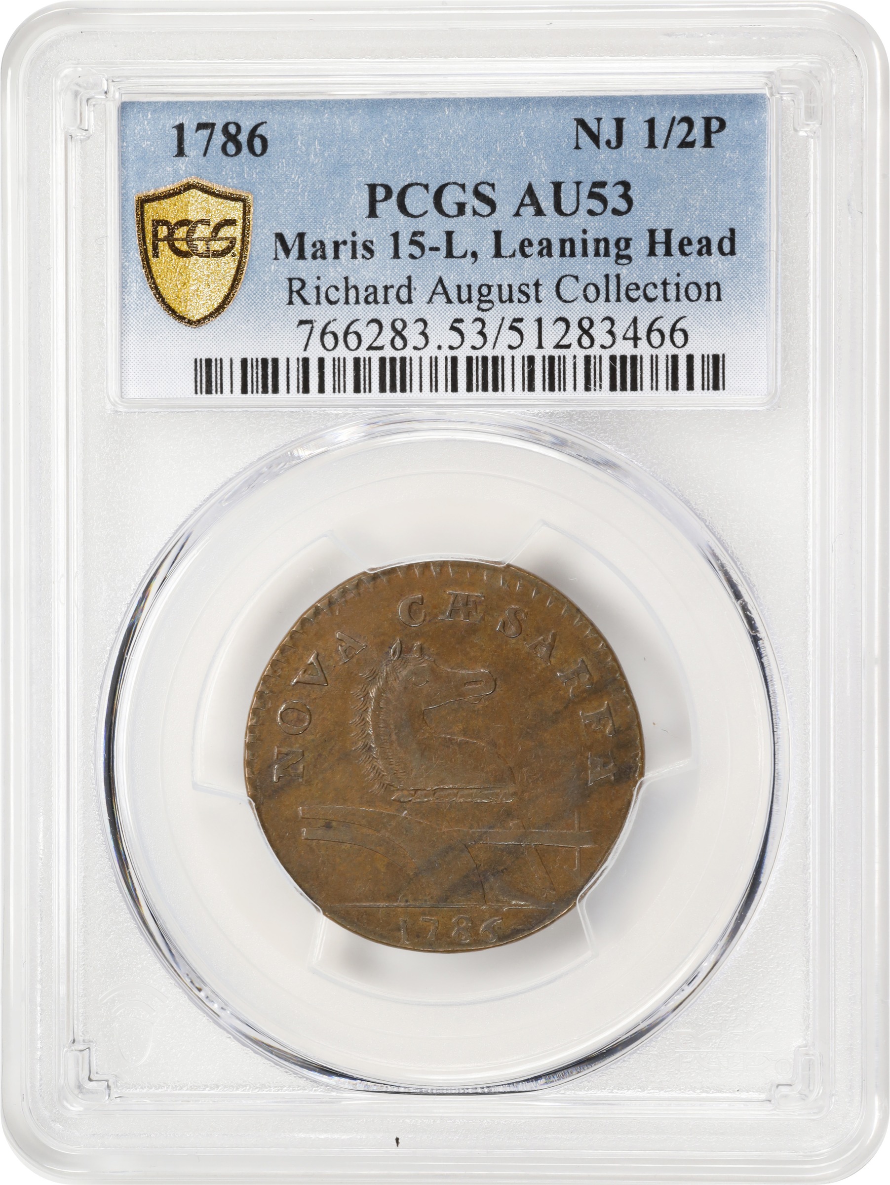 image for: 1786 New Jersey Copper. Maris 15-L, W-4820. Rarity-4. Straight Plow Beam, Leaning Head. AU-53 (PCGS).