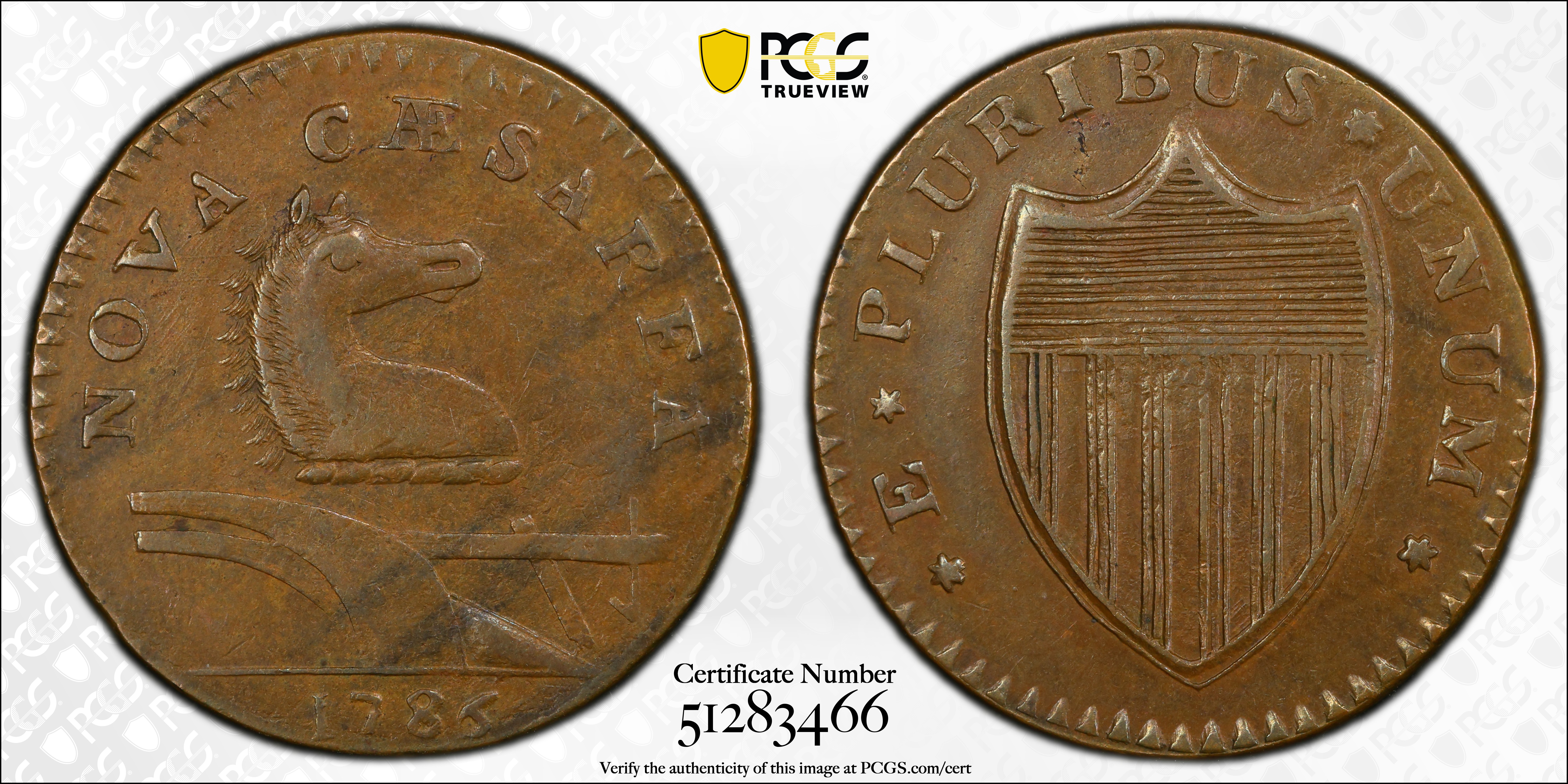 image for: 1786 New Jersey Copper. Maris 15-L, W-4820. Rarity-4. Straight Plow Beam, Leaning Head. AU-53 (PCGS).