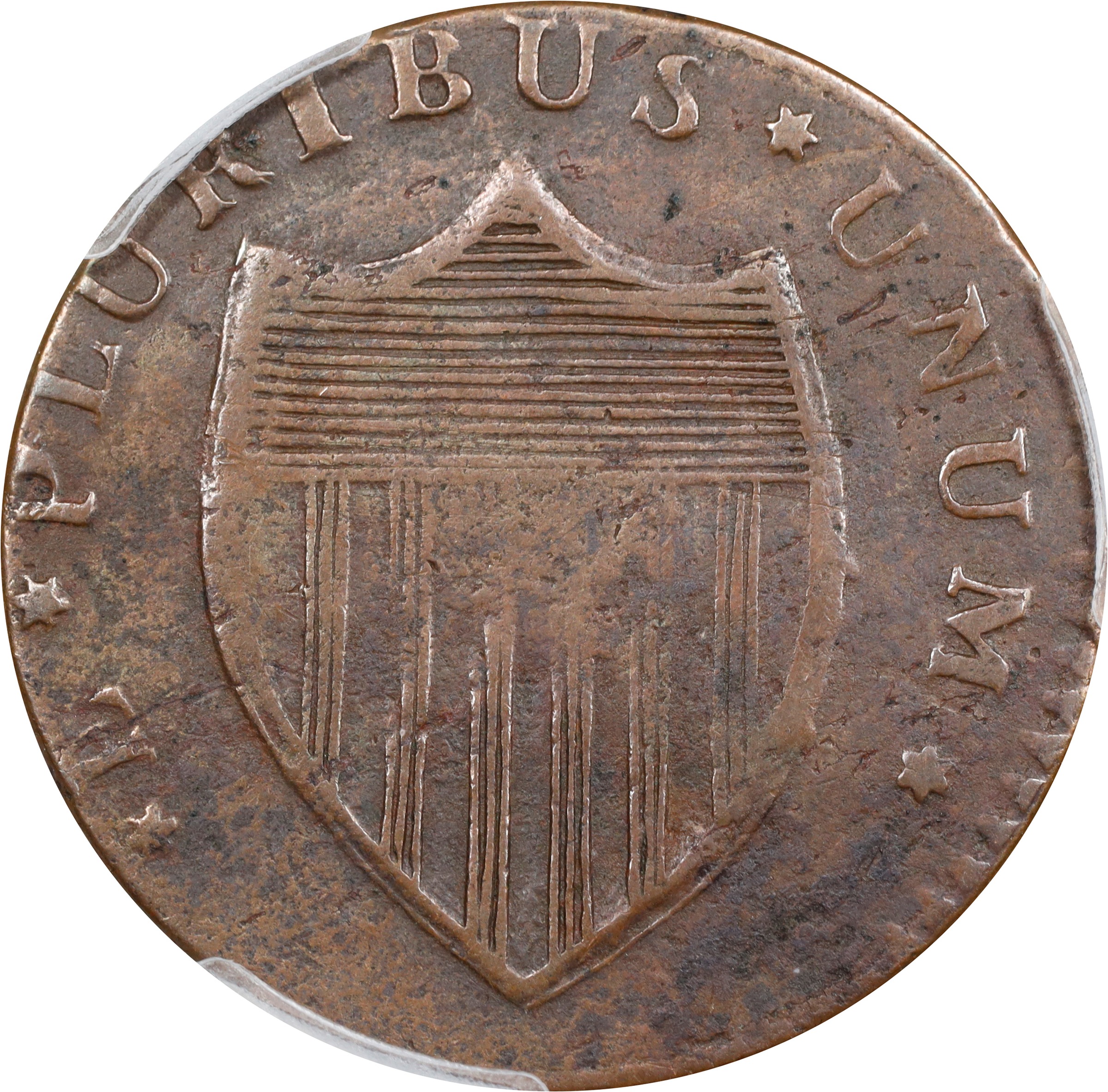 image for: 1786 New Jersey Copper. Maris 16-J, W-4835. Rarity-5+. Straight Plow Beam. VF-30 (PCGS).