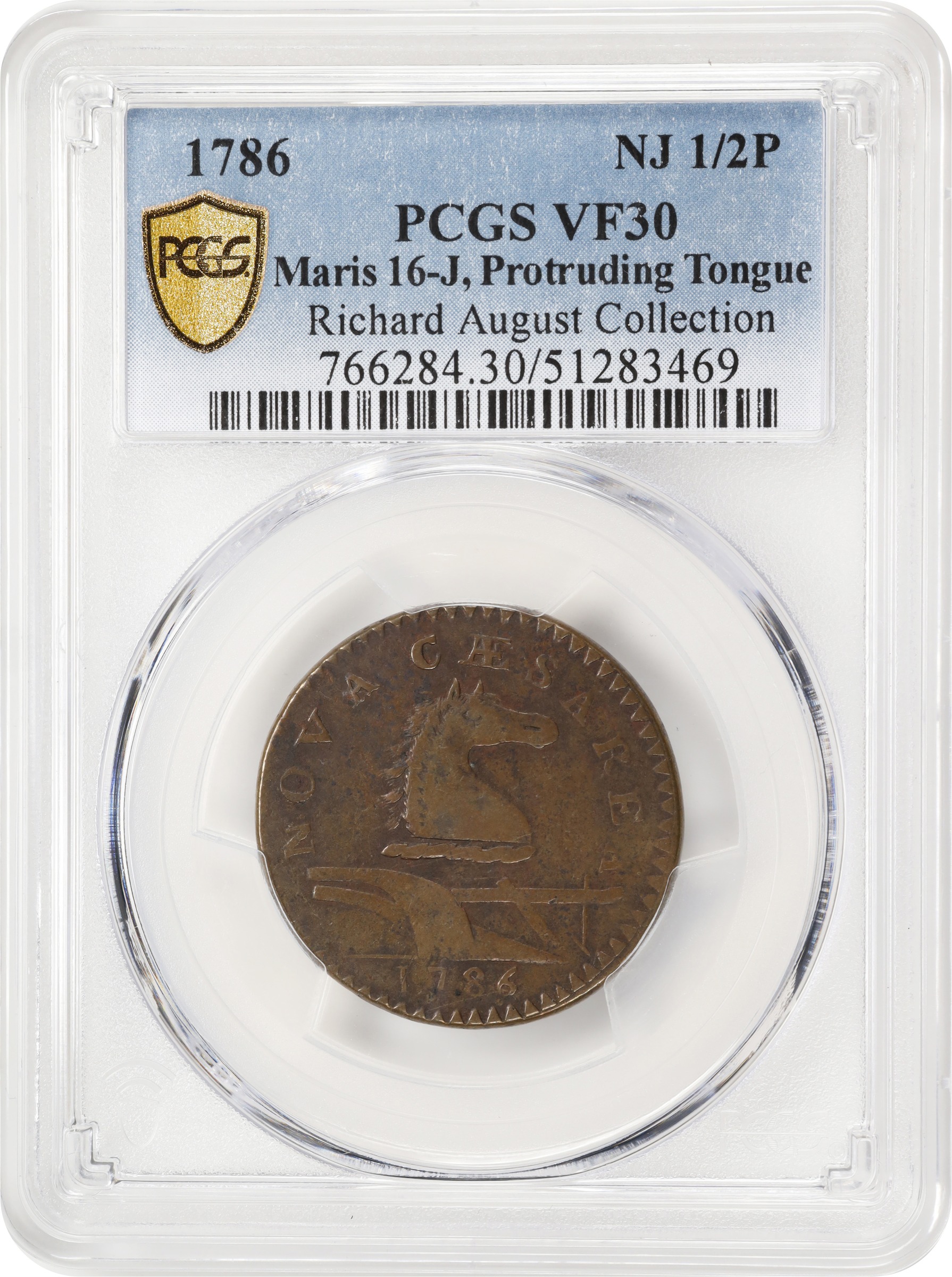 image for: 1786 New Jersey Copper. Maris 16-J, W-4835. Rarity-5+. Straight Plow Beam. VF-30 (PCGS).