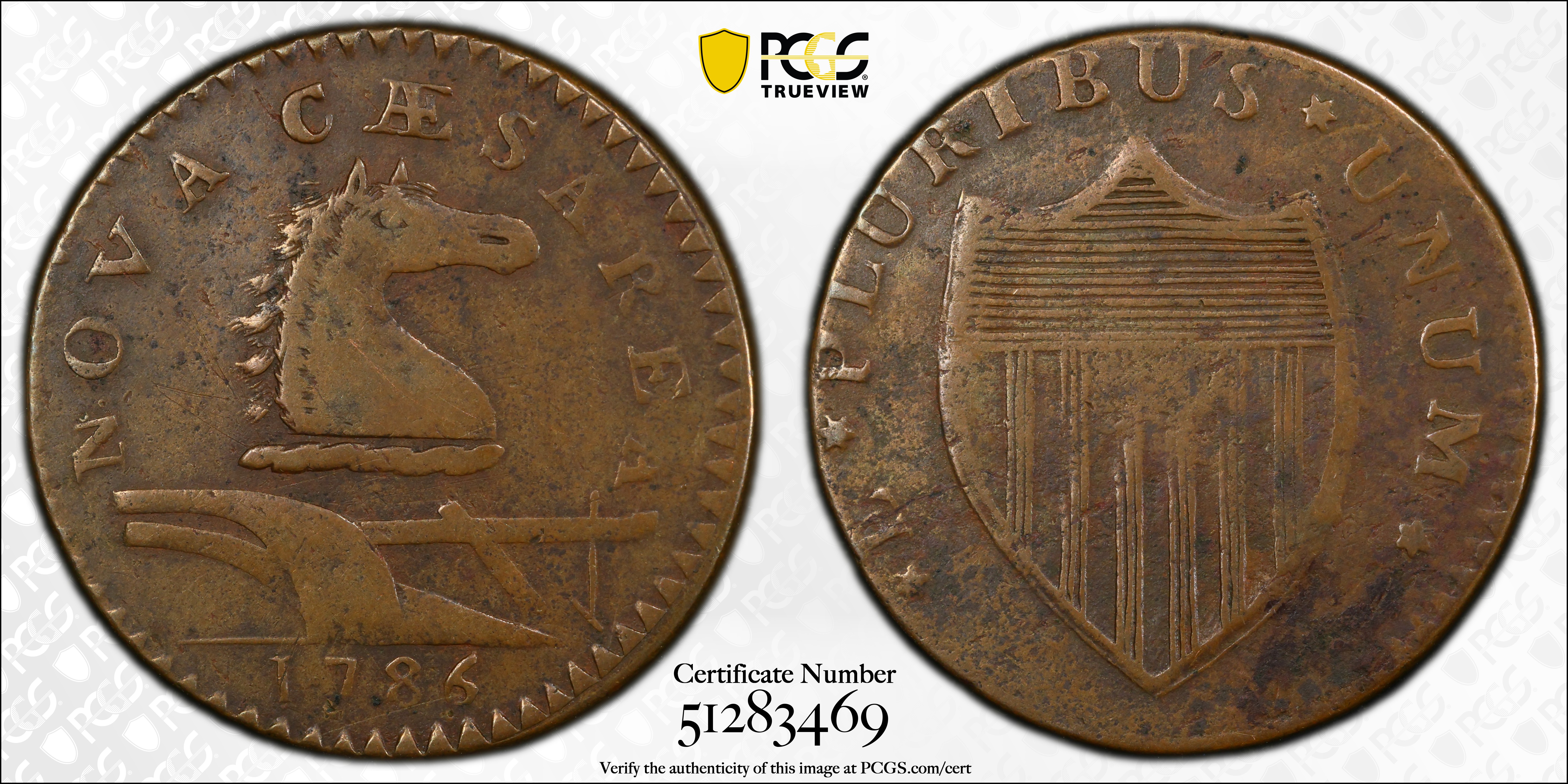 image for: 1786 New Jersey Copper. Maris 16-J, W-4835. Rarity-5+. Straight Plow Beam. VF-30 (PCGS).