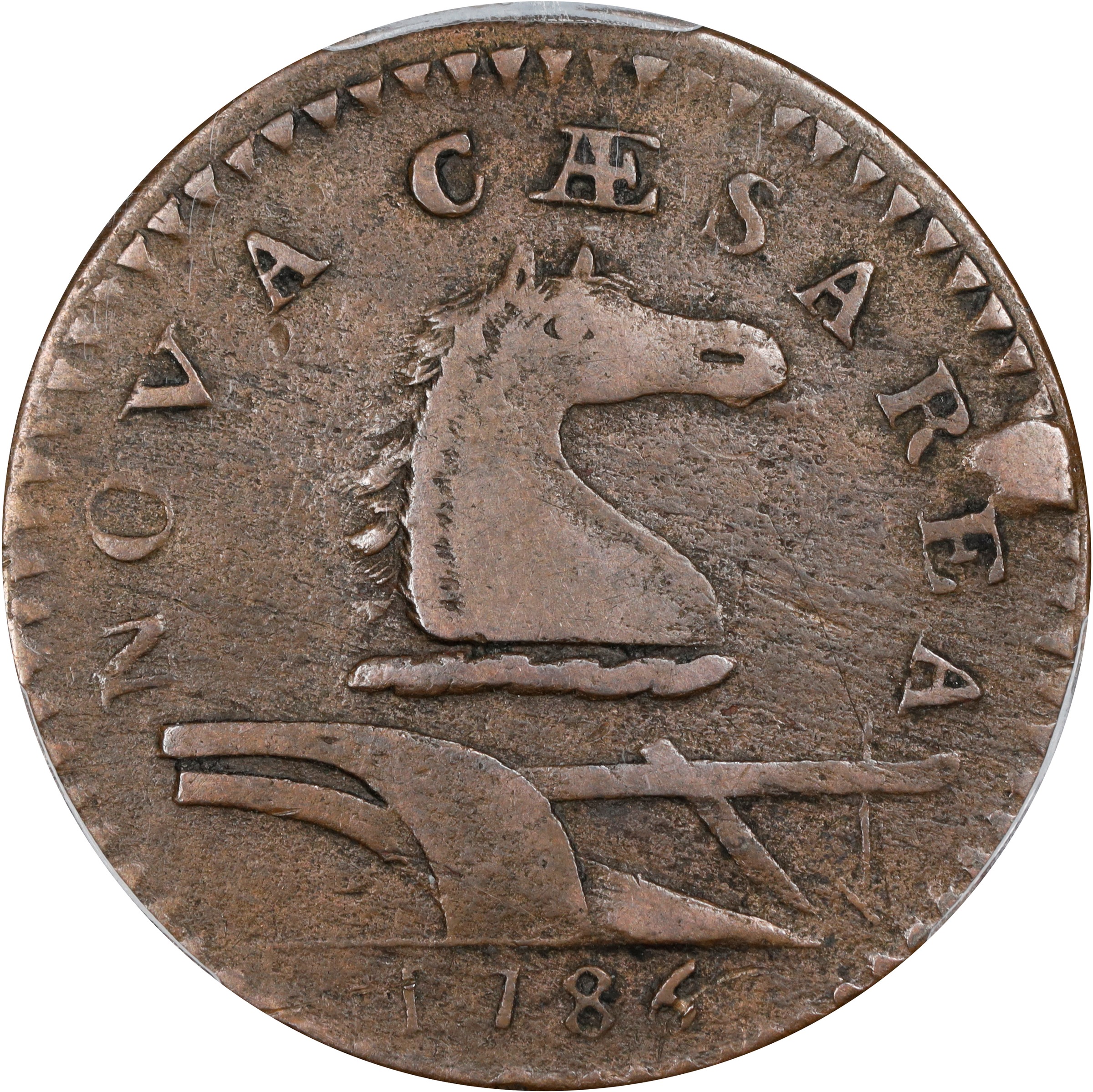 image for: 1786 New Jersey Copper. Maris 16-L, W-4840. Rarity-2. Straight Plow Beam, Protruding Tongue. VF-30 (PCGS).